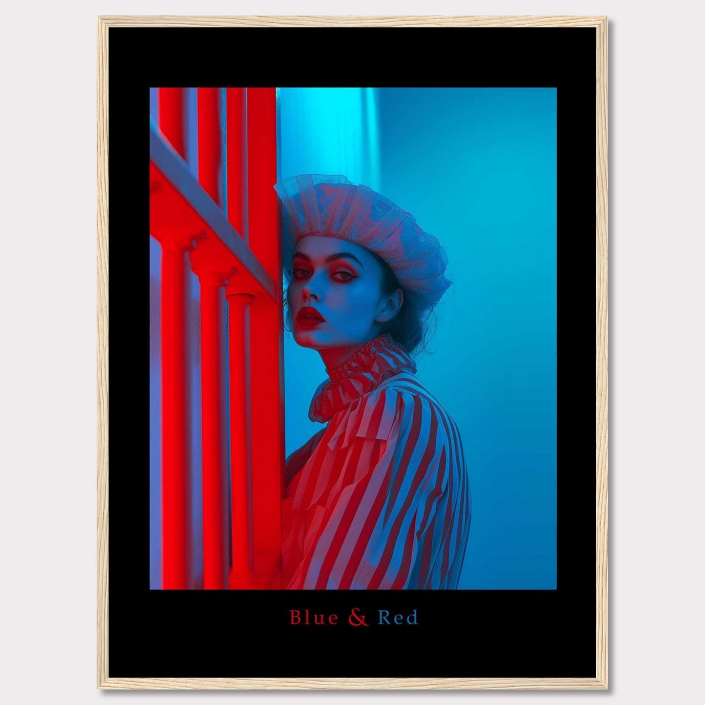 This striking poster features a dramatic portrait of a woman illuminated in contrasting blue and red lighting. The subject is dressed in a striped outfit and a sheer headpiece, creating a bold and artistic visual effect.