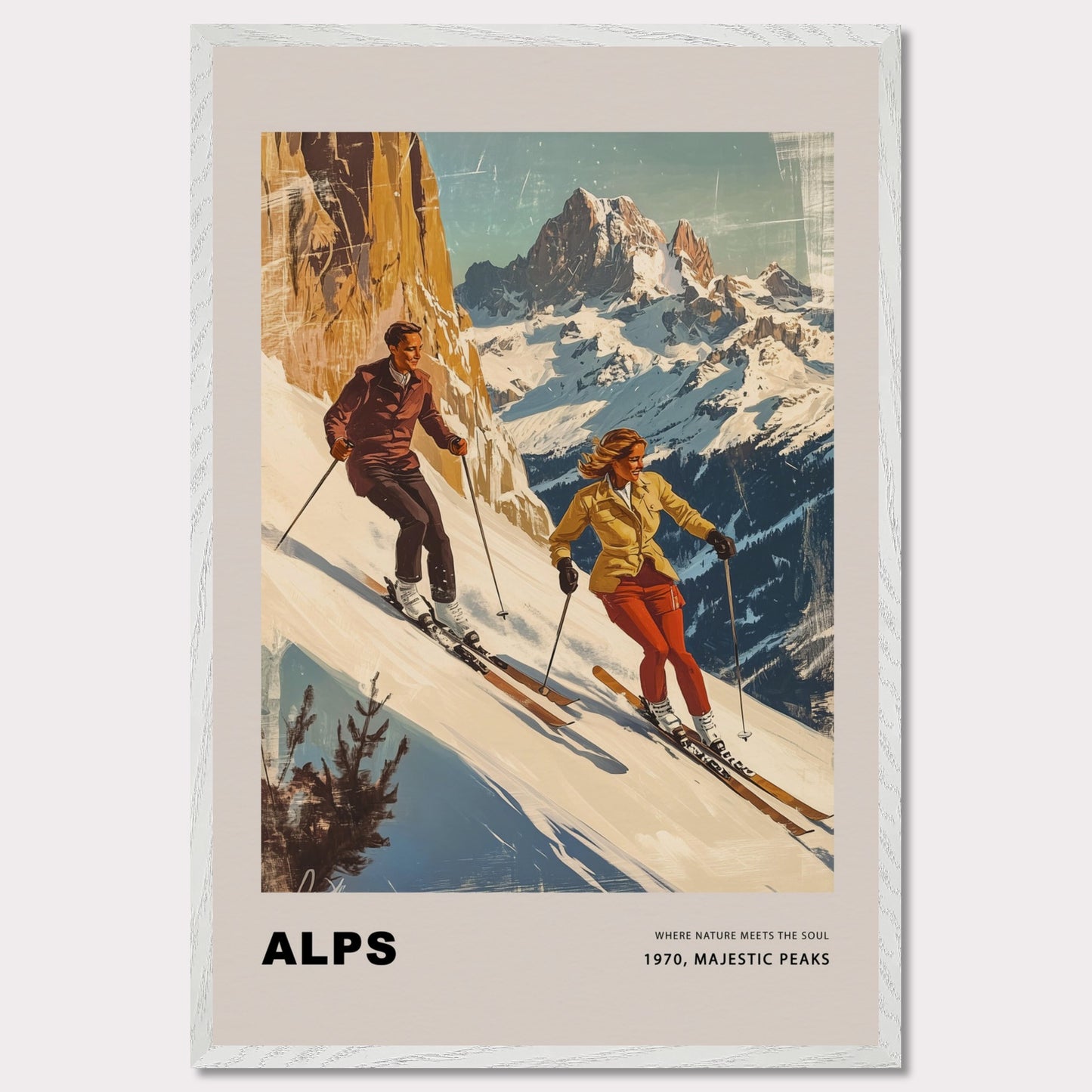 This striking vintage poster celebrates the grandeur of the Alps, depicting a dynamic pair of skiers descending snowy slopes with towering peaks in the background. Their confident movements against the crisp, majestic scenery capture the essence of alpine adventure. The warm, retro tones paired with the timeless typography evoke a sense of nostalgia and the spirit of mountain exploration.