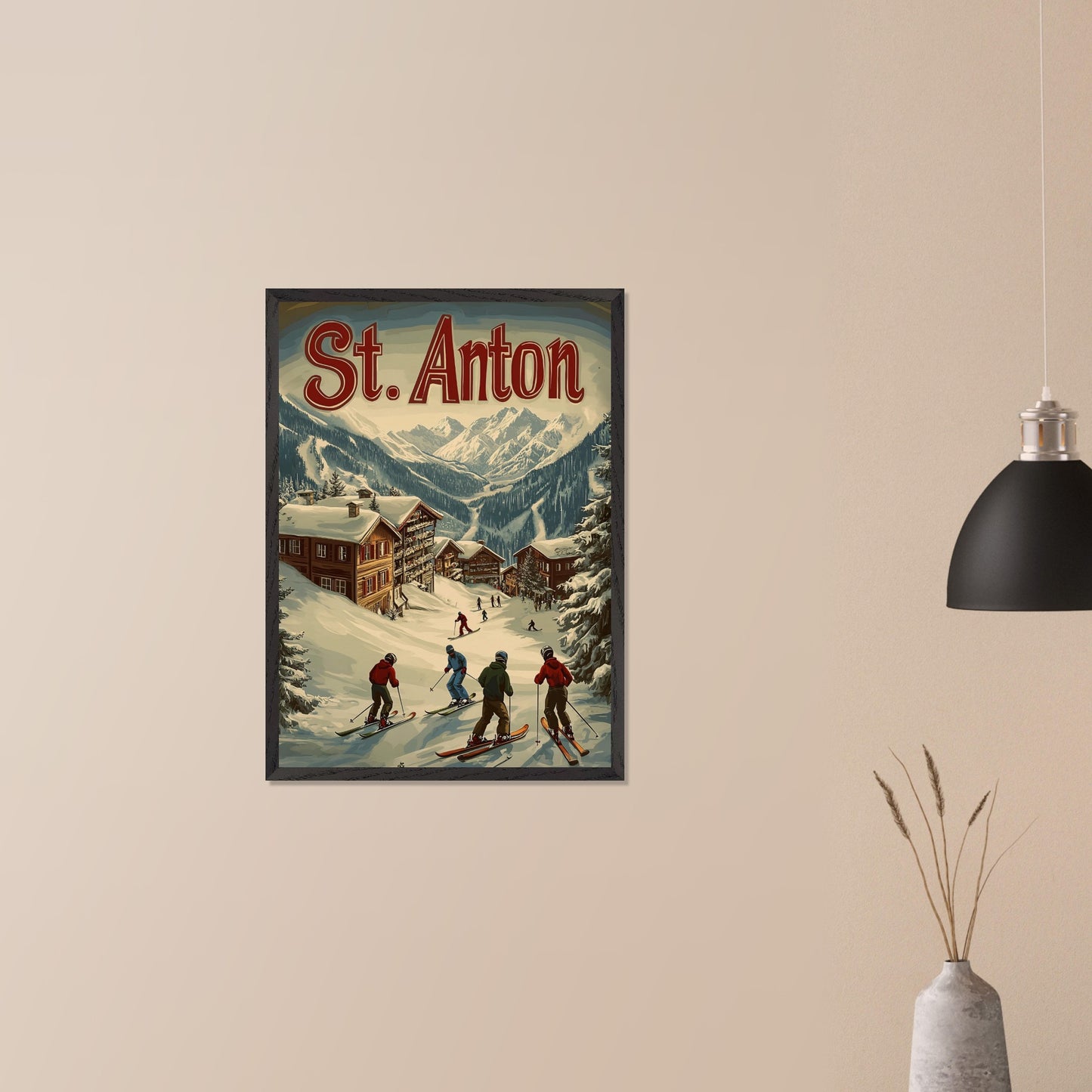 This stunning vintage-inspired poster depicts the idyllic town of St. Anton nestled beneath towering snow-capped peaks. The ski slopes are alive with activity, with skiers descending toward the charming wooden chalets. The warm hues in the sky add a sense of tranquility to the winter landscape, while the retro typography and art style transport the viewer to a time when winter holidays in the Alps were the height of elegance and adventure.