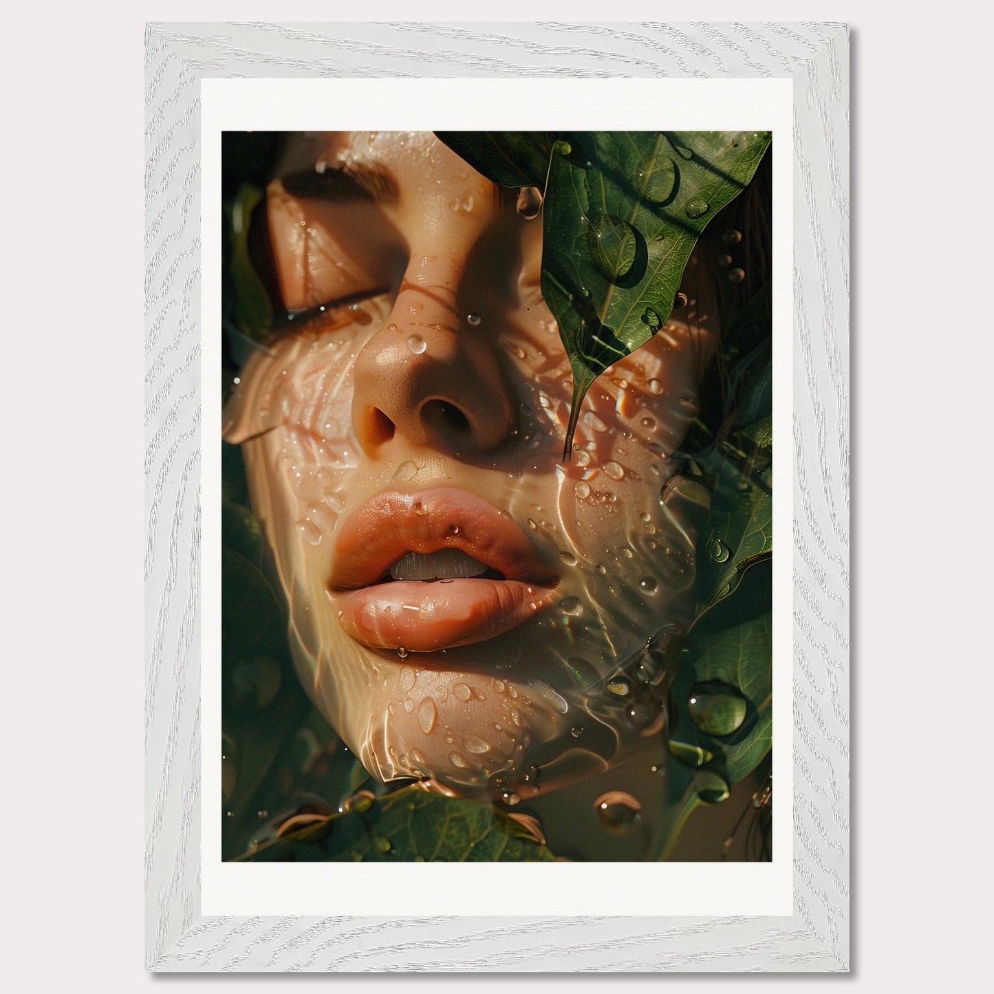 be8a68bd-5e8b-4d73-8431-9334eThis is an artistic illustration depicting a close-up of a woman's face partially covered by leaves and water droplets.

This poster would fit well in a modern living room, bedroom, or office space, adding a touch of nature and surreal beauty to the decor.07e643f