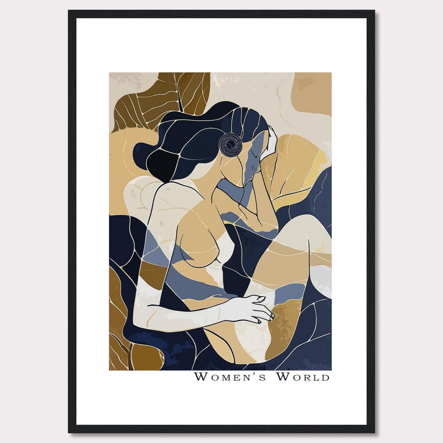 This is a contemporary art print titled "Women's World," featuring an abstract depiction of a woman in muted tones of blue, beige, and brown. The artwork is framed in a sleek black frame.