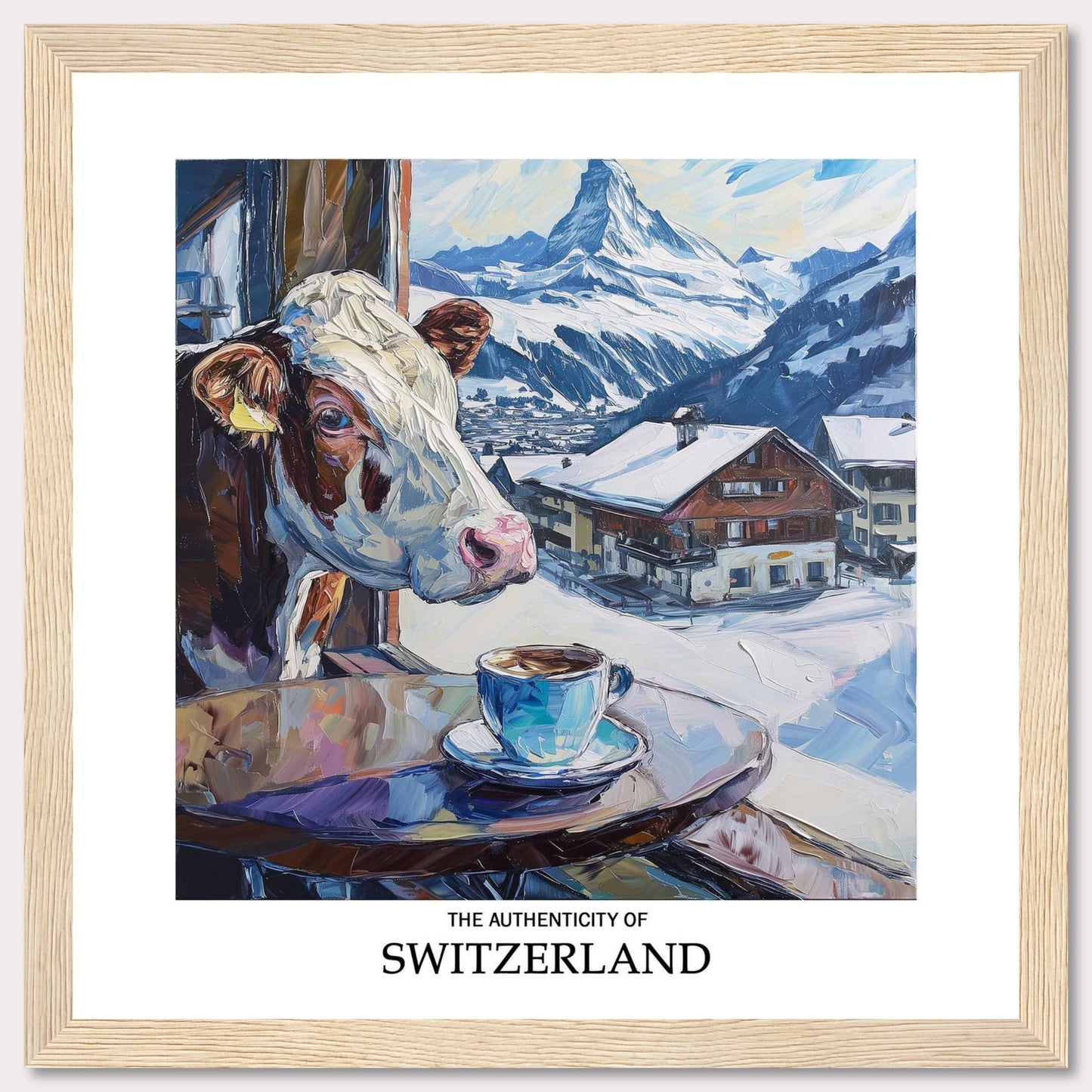 A charming painting captures the essence of Switzerland, featuring a curious cow peeking out of a window, a steaming cup of coffee, and a picturesque snowy village with the majestic Swiss Alps in the background.