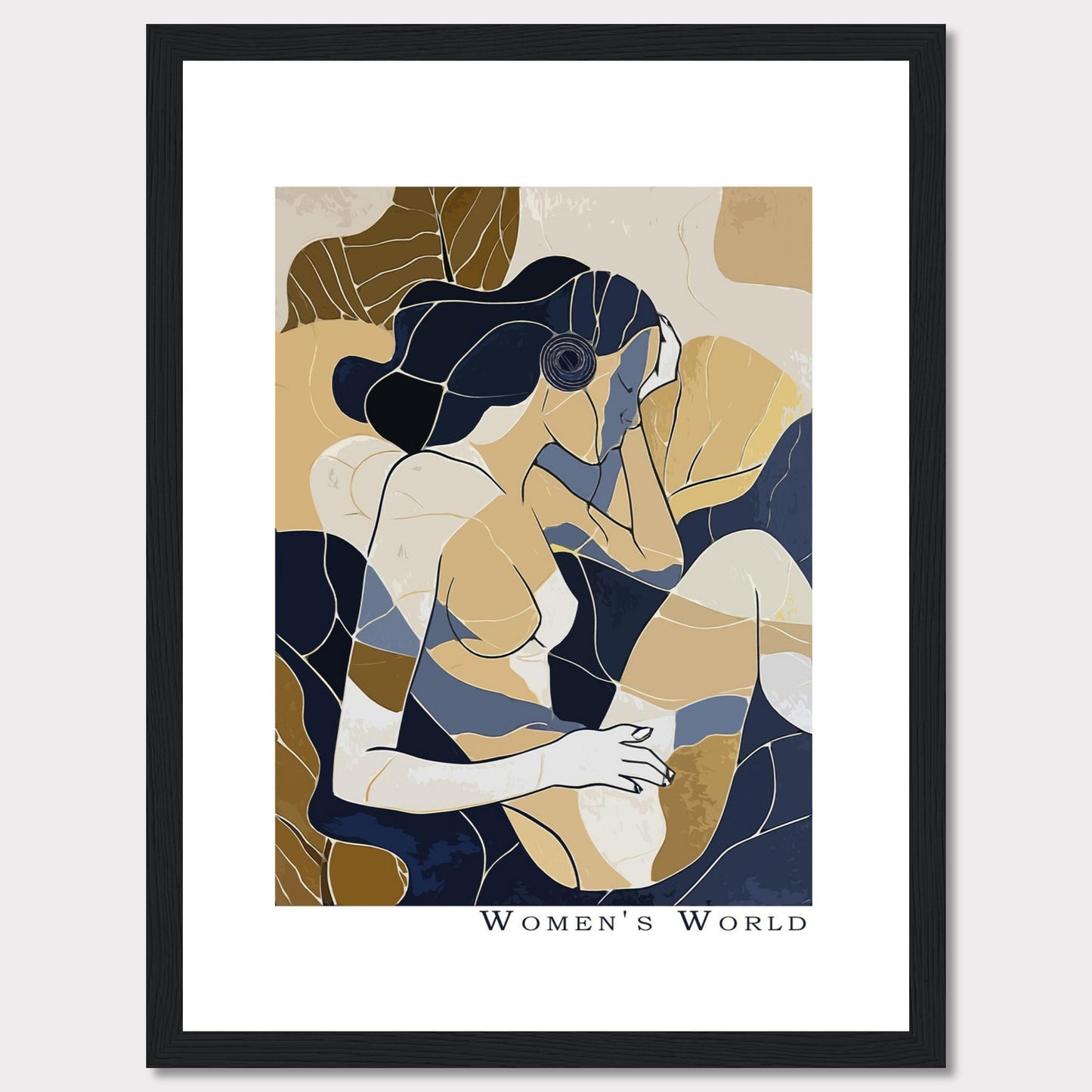 This is a contemporary art print titled "Women's World," featuring an abstract depiction of a woman in muted tones of blue, beige, and brown. The artwork is framed in a sleek black frame.