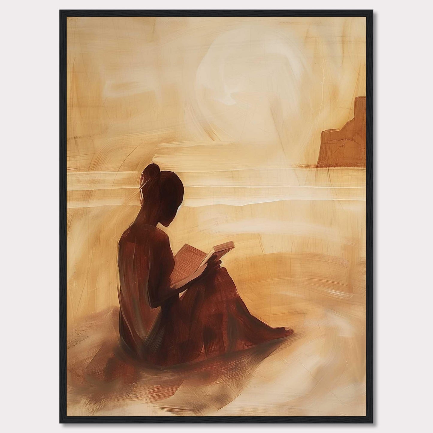 This serene painting captures a solitary figure engrossed in a book, seated on a tranquil beach with the sun setting in the background.