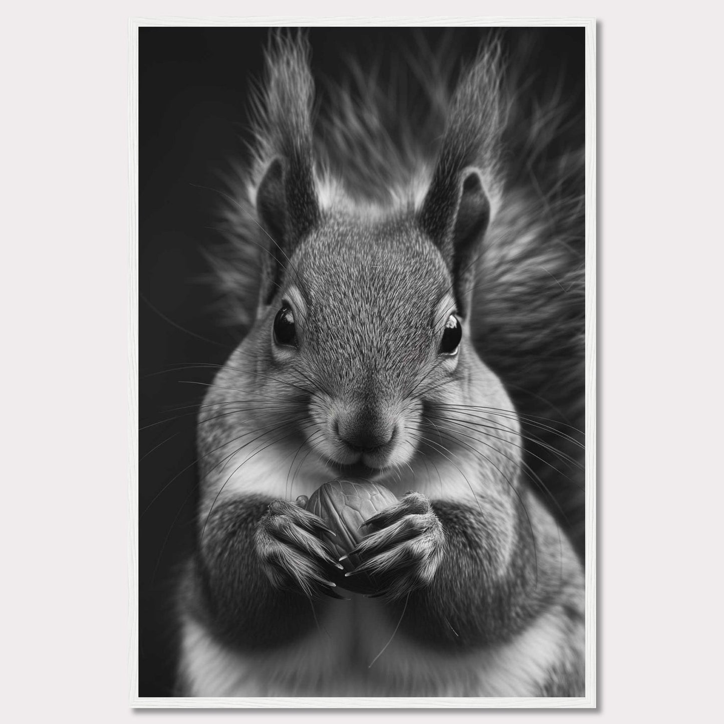 This captivating black and white photograph showcases a close-up of a squirrel holding a nut. The fine details of the squirrel's fur and the texture of the nut are beautifully highlighted, creating a striking contrast against the dark background. The squirrel's focused gaze adds an element of intensity to the image.