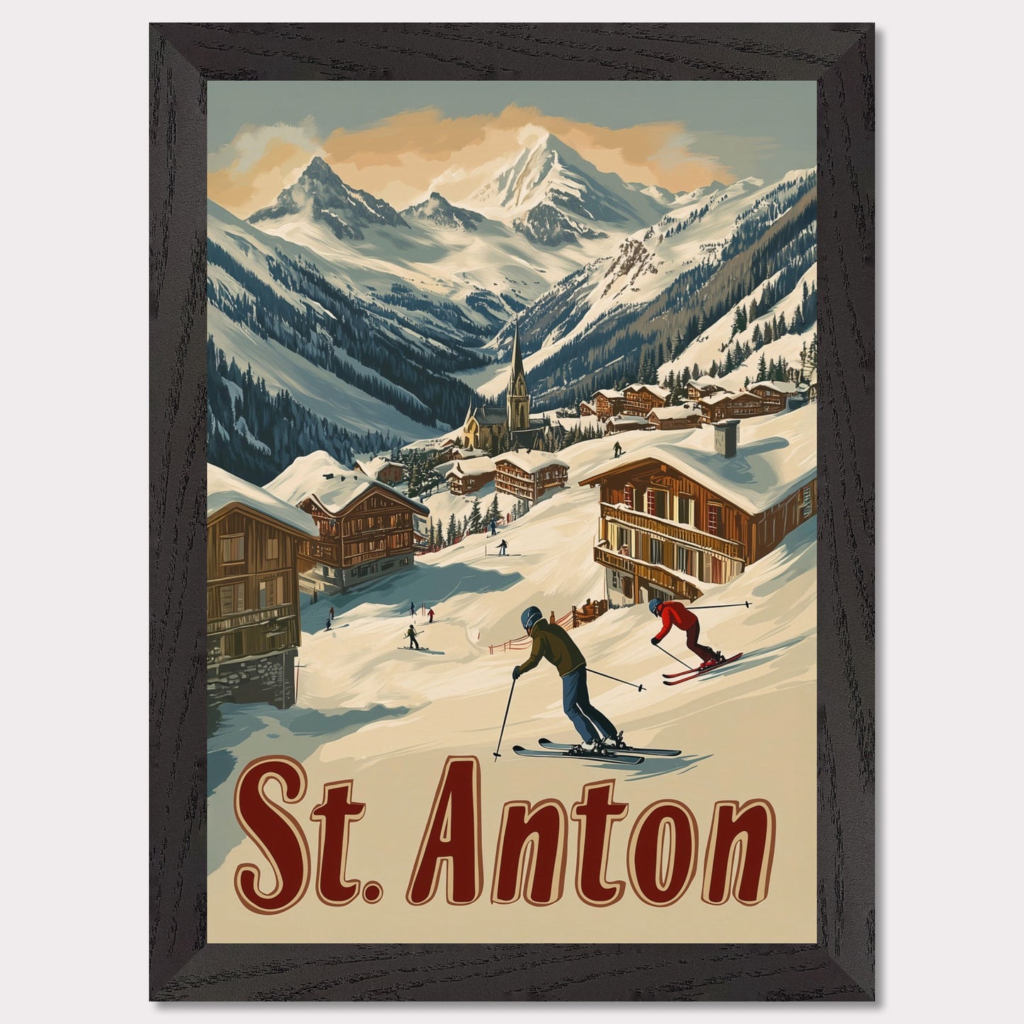 This captivating poster showcases the thrill of skiing in St. Anton, with a group of skiers carving through the fresh powder beneath the dramatic peaks of the Alps. The background features a picturesque village of wooden chalets nestled among the snow, while the rich retro colors and typography emphasize the adventurous spirit of St. Anton as a premier ski destination. The poster evokes both the excitement of the slopes and the warmth of alpine hospitality.