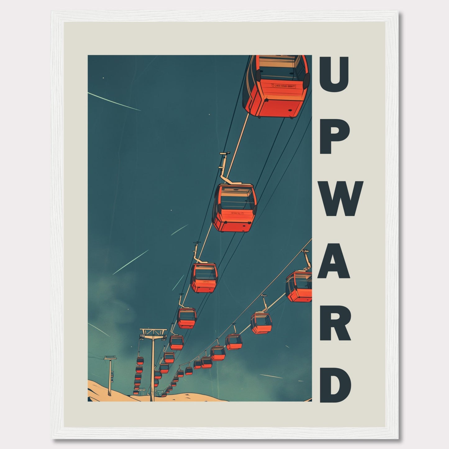 This striking artwork features a series of red cable cars ascending into a deep blue sky, evoking a sense of adventure and upward momentum. The word "UPWARD" is boldly displayed along the right side, reinforcing the theme of progress and elevation.