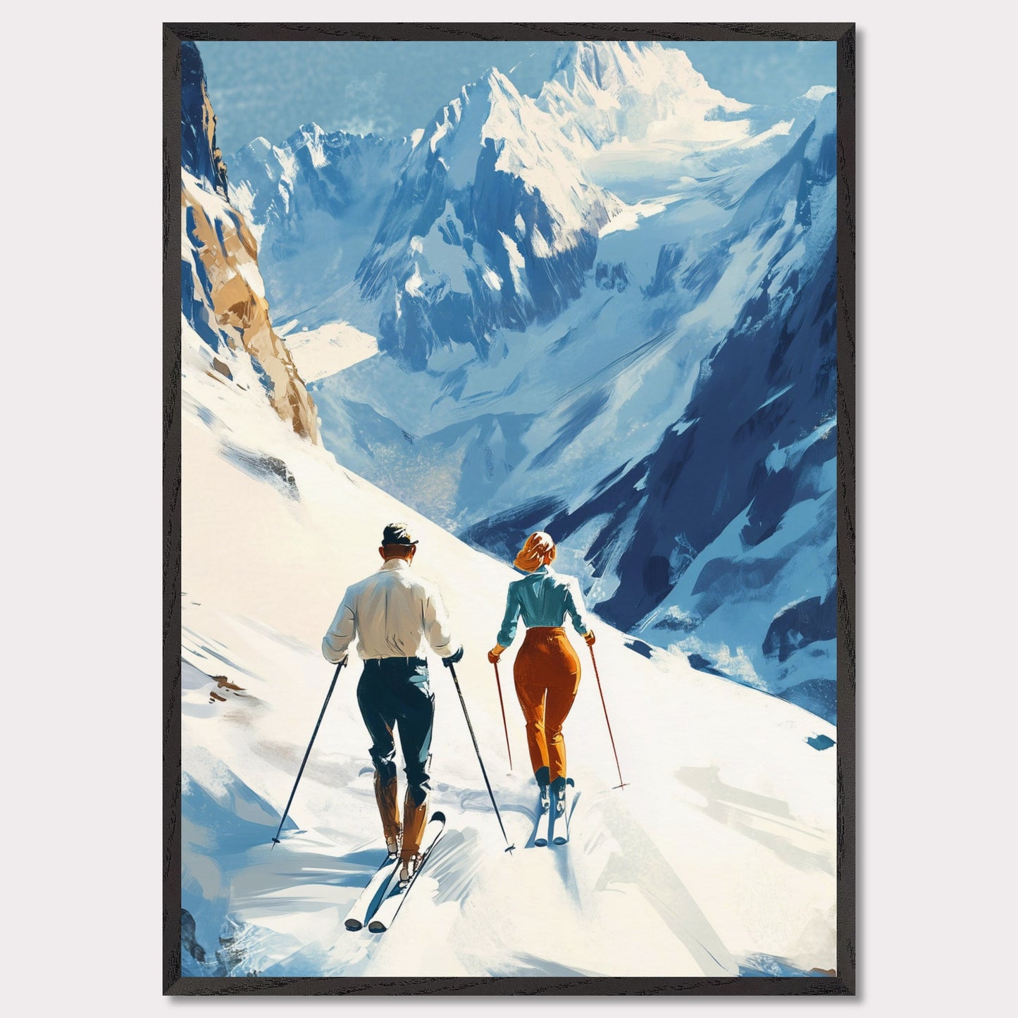 This retro poster captures the elegance and adventure of alpine skiing in Switzerland, circa 1960. Two fashionable skiers glide down the pristine snow with majestic mountains towering in the background. The vibrant colors of their outfits contrast beautifully against the white landscape, while the bold lettering emphasizes the stylish allure of alpine sports.