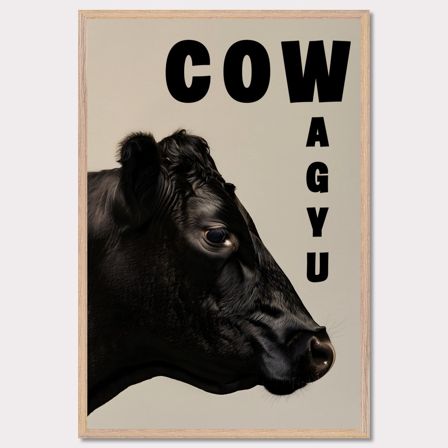 This image features a close-up profile of a black cow against a neutral background. The word "COW" is prominently displayed in bold black letters at the top, while the word "WAGYU" is arranged vertically on the right side.