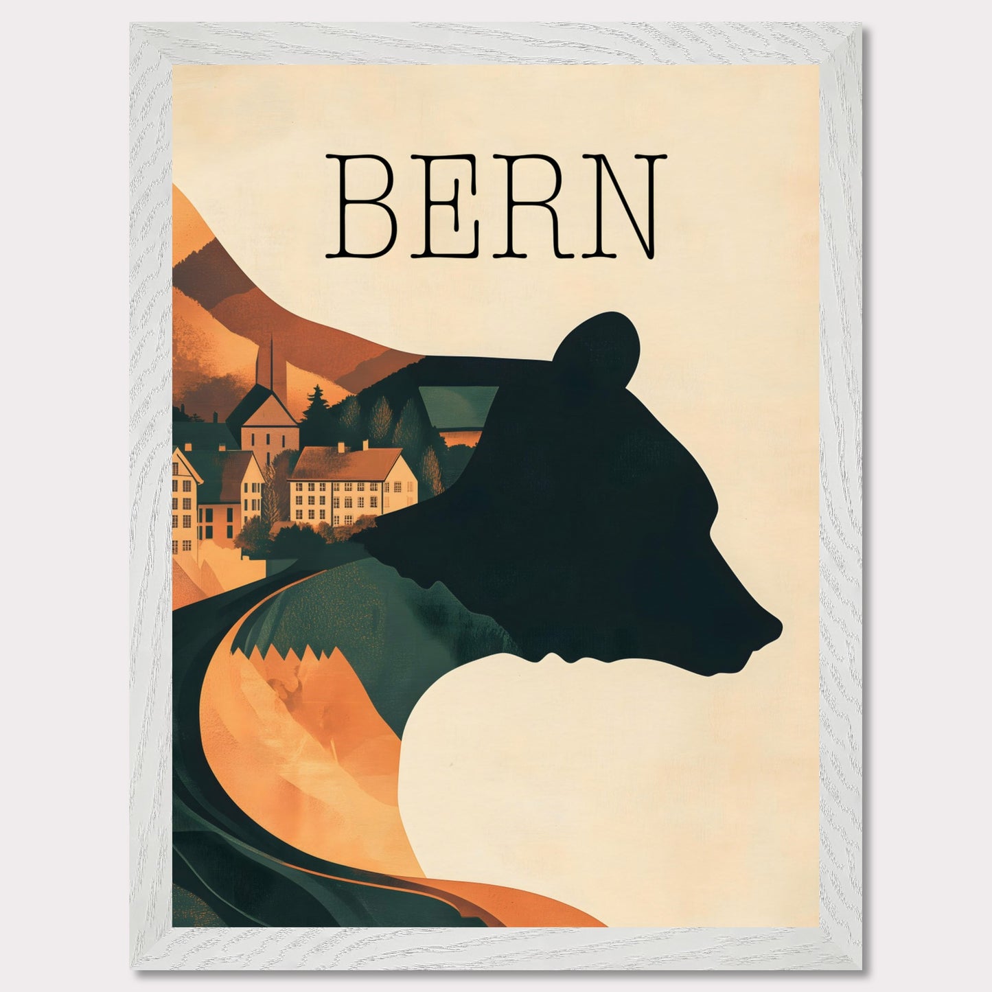 This minimalist travel poster captures the essence of Bern, Switzerland, with a flowing river winding through the city's historic heart. The design highlights the city's iconic medieval architecture, framed by the serene natural surroundings. The soft, muted tones evoke a sense of nostalgia and tranquility, making it a perfect representation of Bern’s timeless beauty.