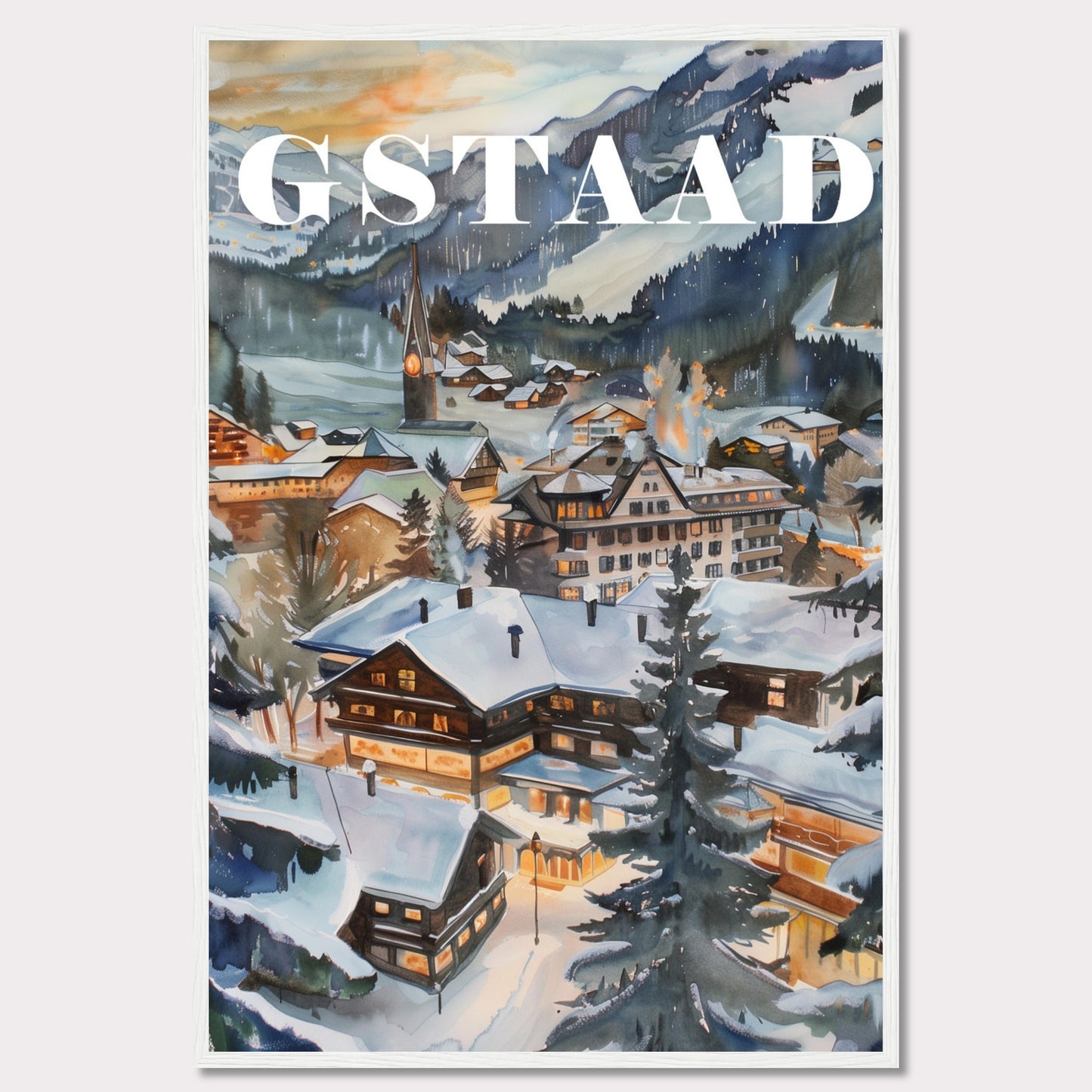 This image showcases a beautiful winter scene of Gstaad, a picturesque village nestled in the Swiss Alps. The painting captures the charm of snow-covered chalets, pine trees, and a serene mountainous backdrop under a soft evening sky.