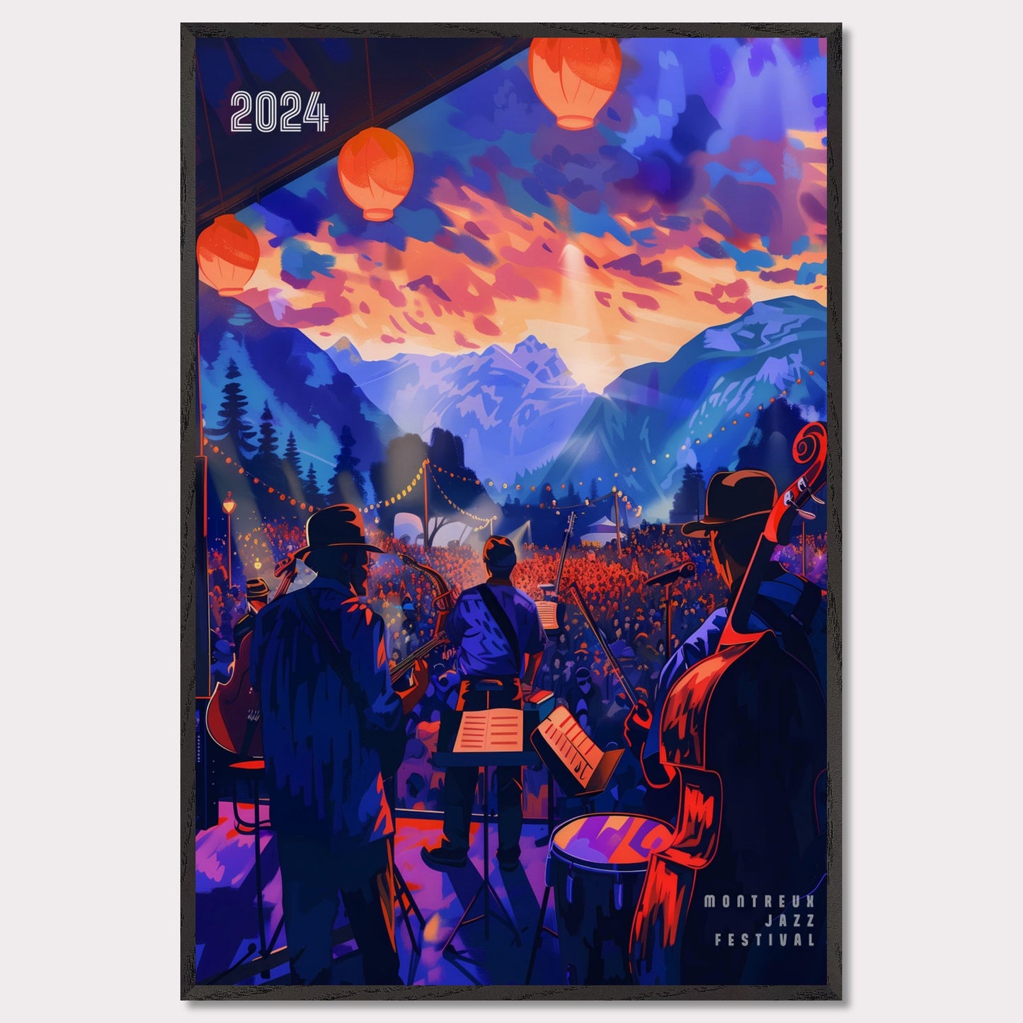 This vibrant poster depicts a lively jazz festival set against a stunning mountain backdrop. The scene is illuminated by colorful lanterns and features a band performing to a large, enthusiastic crowd. The sky is painted with dramatic hues of orange and purple, enhancing the festive atmosphere.