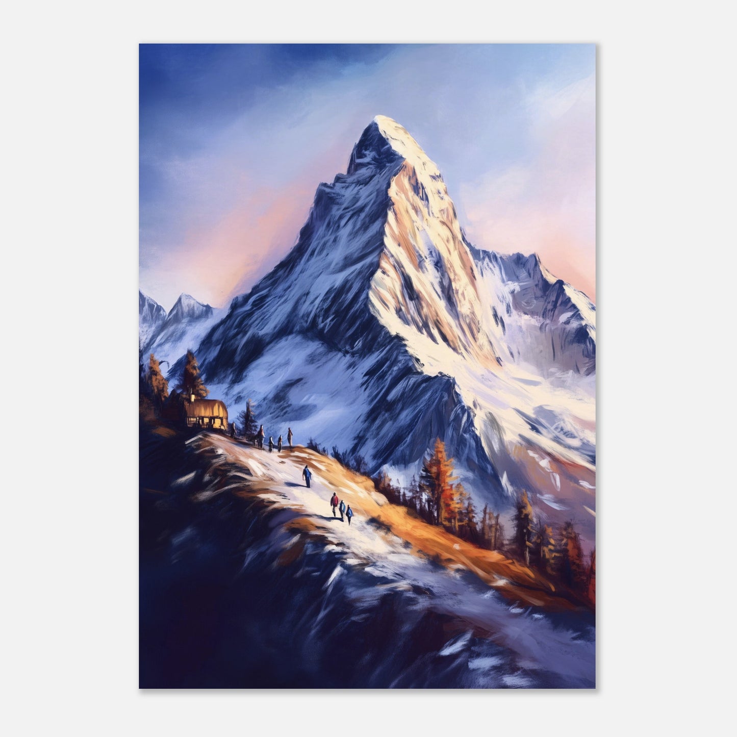 This atmospheric poster captures the awe-inspiring beauty of Zermatt, emphasizing the grandeur of the Matterhorn as it towers over a snow-dusted trail bathed in golden light. The soft, painterly style evokes a sense of tranquility and adventure, blending the rugged alpine landscape with the warmth of human activity.