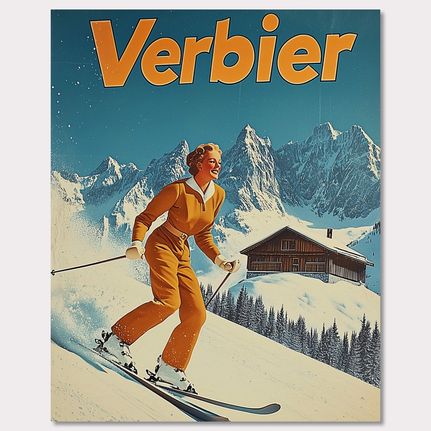 This vibrant retro poster features a cheerful skier dressed in a classic orange ski outfit, gliding down the pristine slopes of Verbier. Behind her, a picturesque alpine chalet sits amidst snow-covered peaks, with a bright blue sky completing the idyllic scene. The bold typography and clean lines enhance the nostalgic charm, inviting viewers to experience the joys of skiing in Verbier.