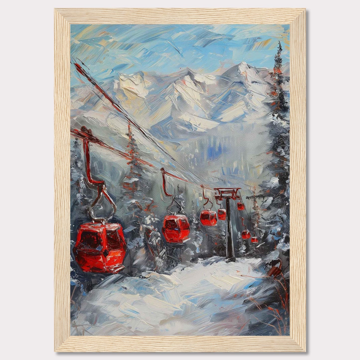 This captivating painting showcases a vibrant winter scene with red cable cars gliding through a snowy mountain landscape.