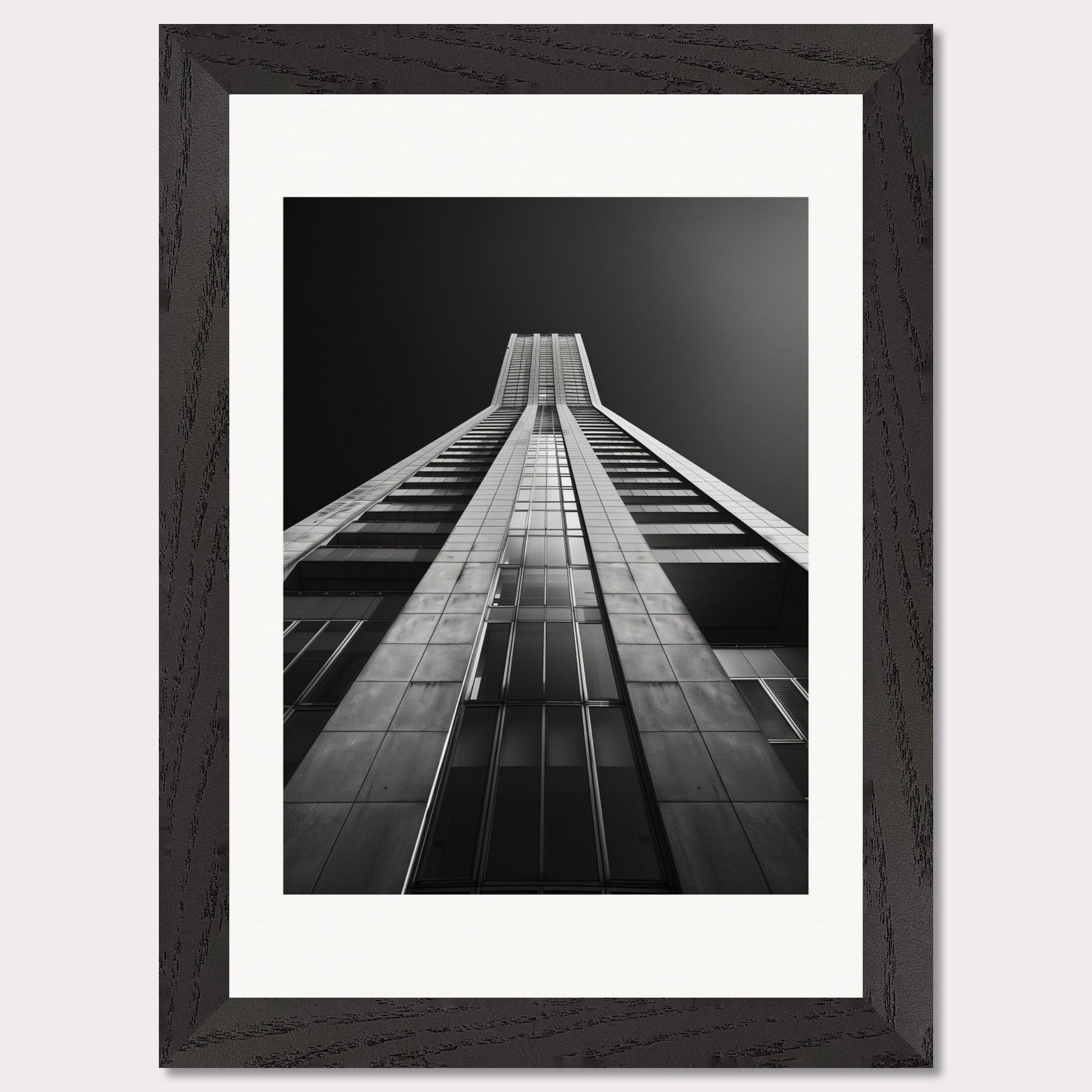 This striking black and white photograph captures the awe-inspiring perspective of looking up at a towering skyscraper. The image emphasizes the sleek lines and modern architecture, drawing the viewer's eye upwards towards the sky.