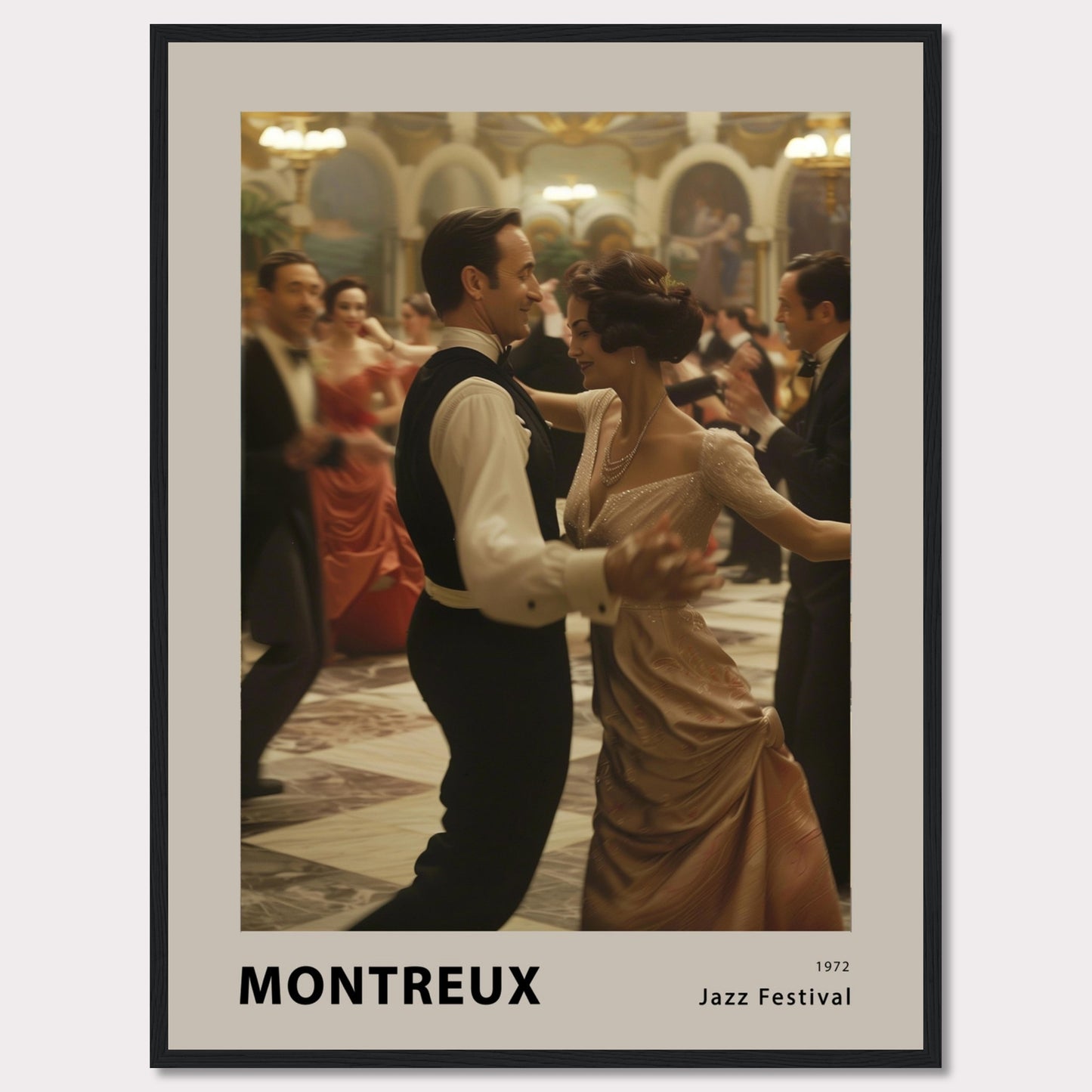 This elegant poster captures a moment of grace and sophistication at the Montreux Jazz Festival in 1972. A couple is seen dancing in a grand ballroom, surrounded by other elegantly dressed attendees. The atmosphere is vibrant and full of life, evoking the charm and allure of a bygone era.