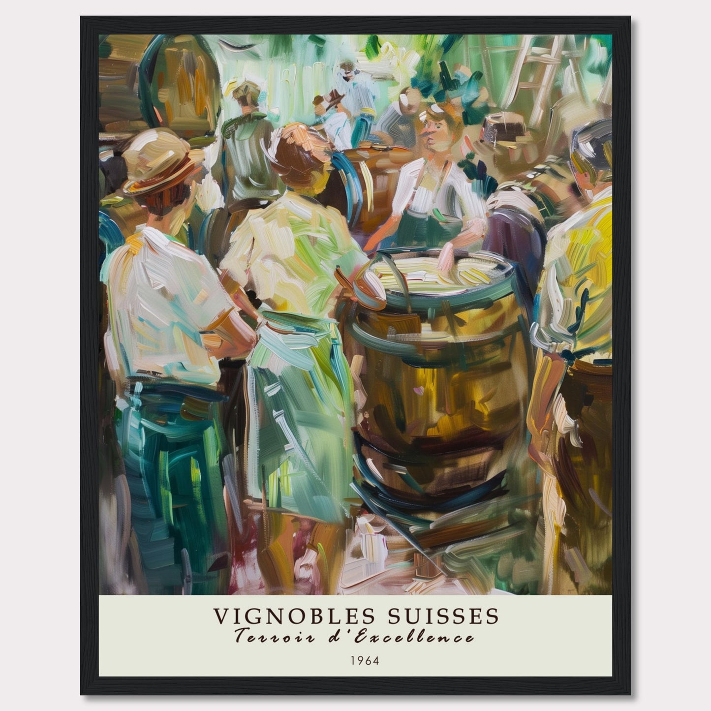 This vibrant painting captures a lively scene of people gathered around wine barrels, reflecting the rich tradition of Swiss vineyards.