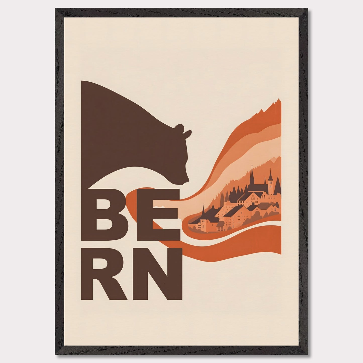 This elegant poster portrays a bear embracing the architectural landscapes of Bern. With flowing lines connecting nature and culture, it conveys the charm of this Swiss city.