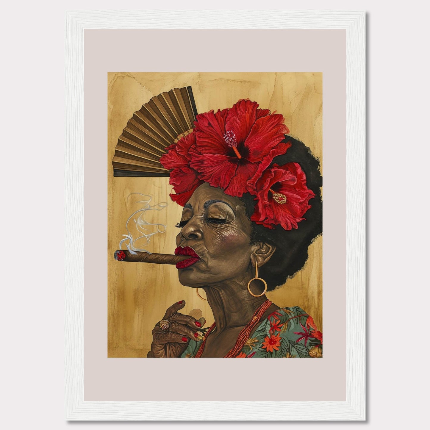 This captivating artwork features a dignified elderly woman smoking a cigar, adorned with vibrant red hibiscus flowers in her hair. Behind her, a traditional hand fan adds a touch of cultural elegance to the scene. The rich colors and intricate details bring out her character and grace.