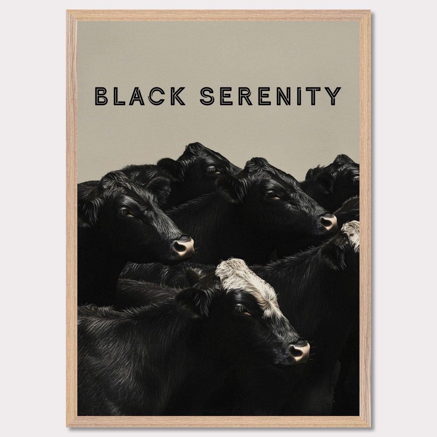 This image showcases a serene group of black cows, with one cow featuring a distinctive white marking on its head. The title "BLACK SERENITY" is prominently displayed at the top, emphasizing the calm and peaceful nature of the scene.