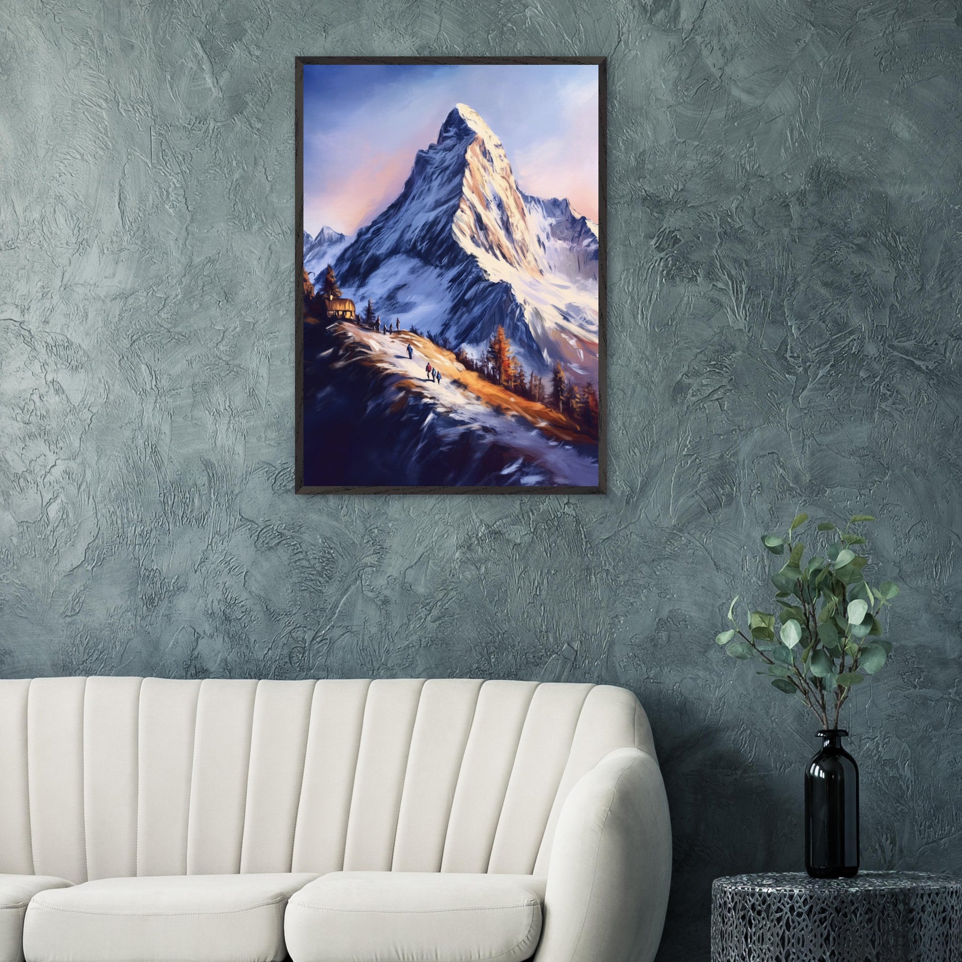 This atmospheric poster captures the awe-inspiring beauty of Zermatt, emphasizing the grandeur of the Matterhorn as it towers over a snow-dusted trail bathed in golden light. The soft, painterly style evokes a sense of tranquility and adventure, blending the rugged alpine landscape with the warmth of human activity.