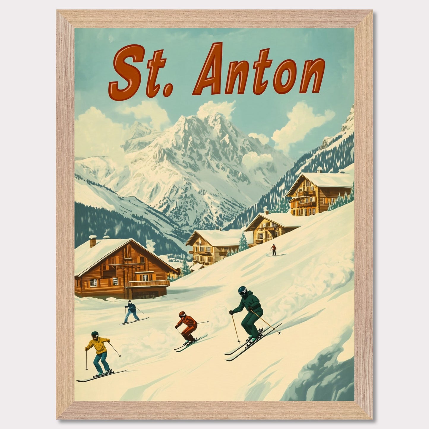 This vibrant retro-style poster captures the thrilling energy of skiing in St. Anton. The scene depicts skiers carving down the slopes, with picturesque alpine chalets nestled in the snow-covered hills and the majestic mountains towering in the background. The warm tones of the sky and the clean, crisp snow evoke the exhilarating experience of a winter sports haven. The bold retro typography adds a touch of nostalgia, perfectly highlighting the charm and adventure of St. Anton.