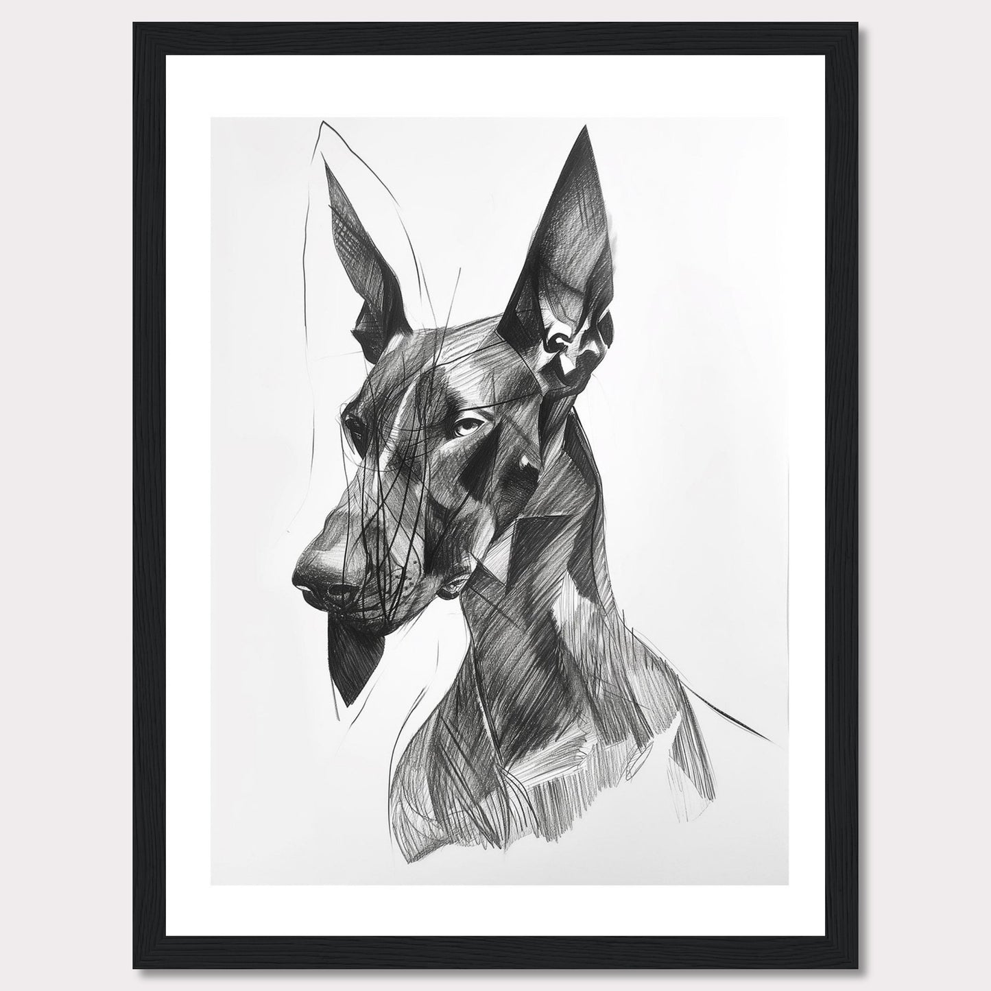 This captivating artwork features a detailed, abstract sketch of a dog, showcasing intricate lines and shading. The black and white composition highlights the dog's expressive eyes and strong features, creating a striking visual impact. The minimalist background emphasizes the subject, making it a perfect piece for modern decor.