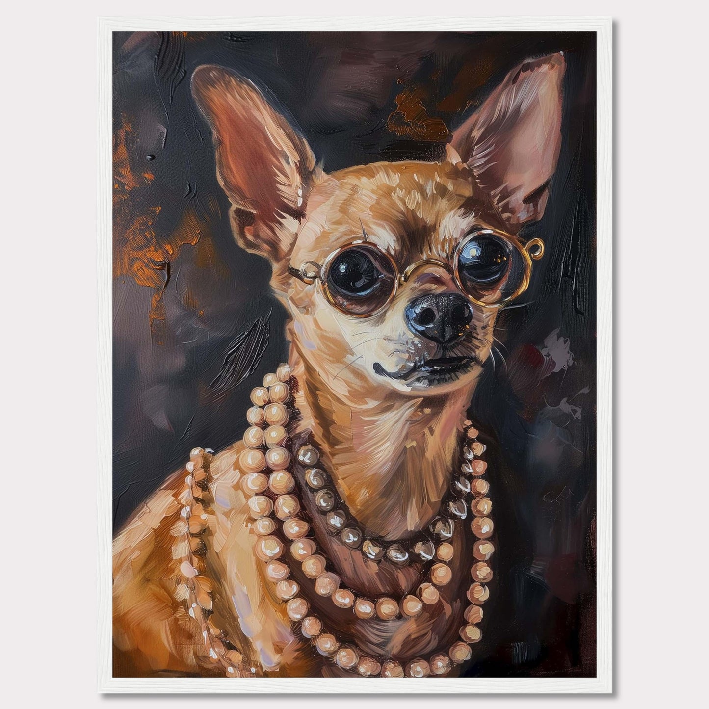 This captivating artwork features a stylish Chihuahua wearing round glasses and multiple strands of pearls. The painting exudes elegance and charm, making it a perfect statement piece for any room.