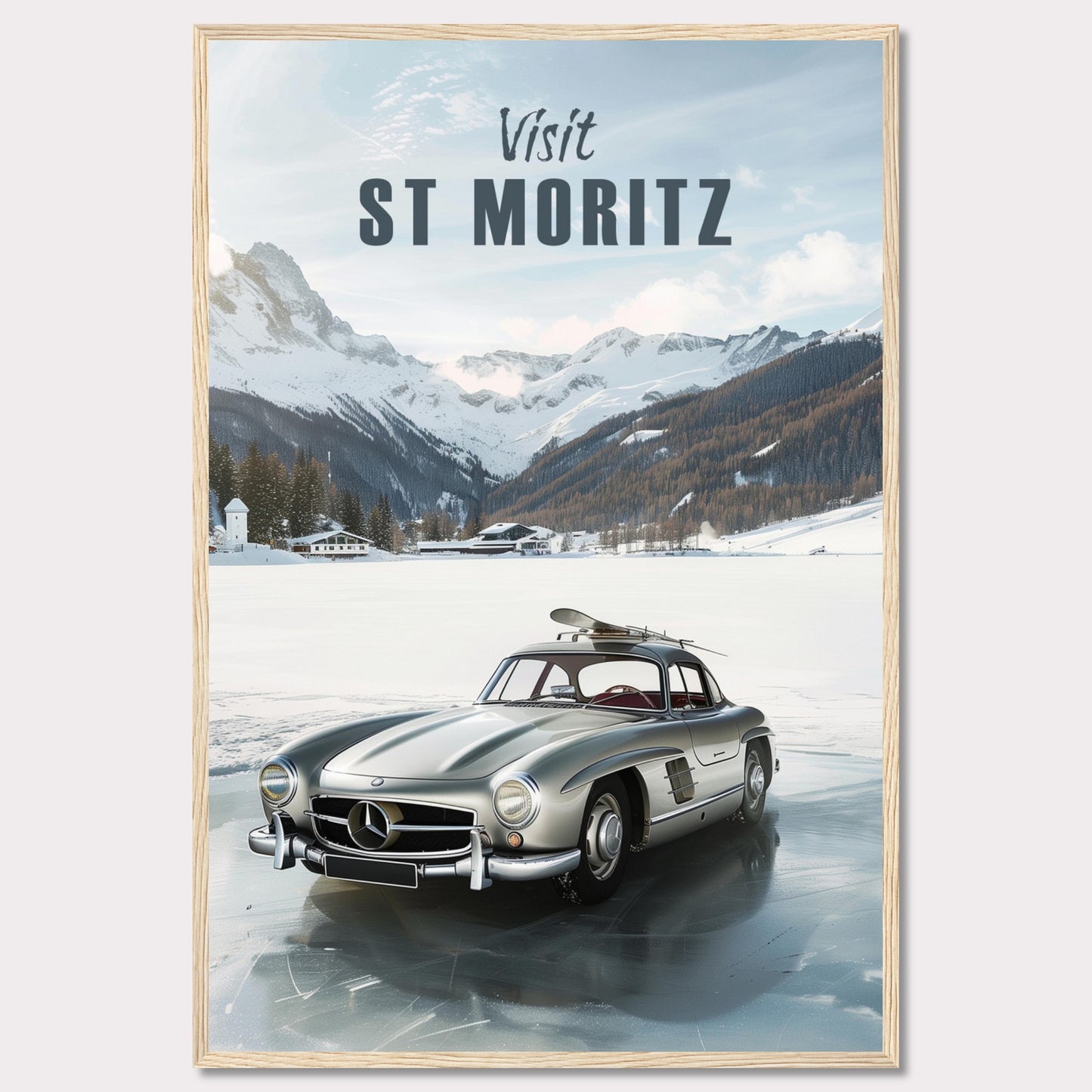 Discover the breathtaking beauty of St. Moritz with this stunning poster. Featuring a classic silver car parked on a frozen lake, surrounded by majestic snow-capped mountains and cozy alpine chalets.