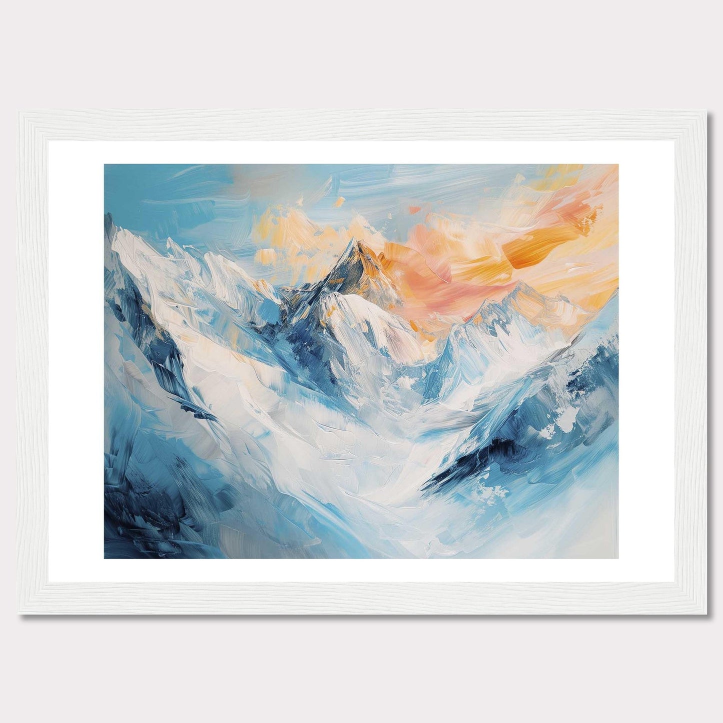 This image showcases a stunning painting of a mountain landscape, capturing the serene beauty of snow-covered peaks bathed in the warm hues of a setting sun.