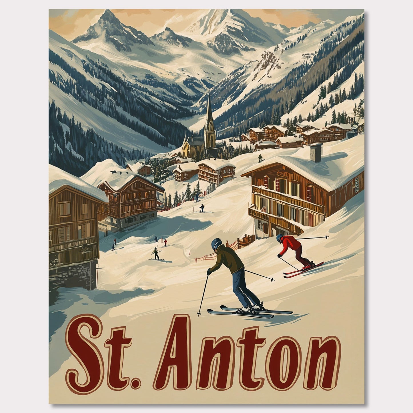 This captivating poster showcases the thrill of skiing in St. Anton, with a group of skiers carving through the fresh powder beneath the dramatic peaks of the Alps. The background features a picturesque village of wooden chalets nestled among the snow, while the rich retro colors and typography emphasize the adventurous spirit of St. Anton as a premier ski destination. The poster evokes both the excitement of the slopes and the warmth of alpine hospitality.