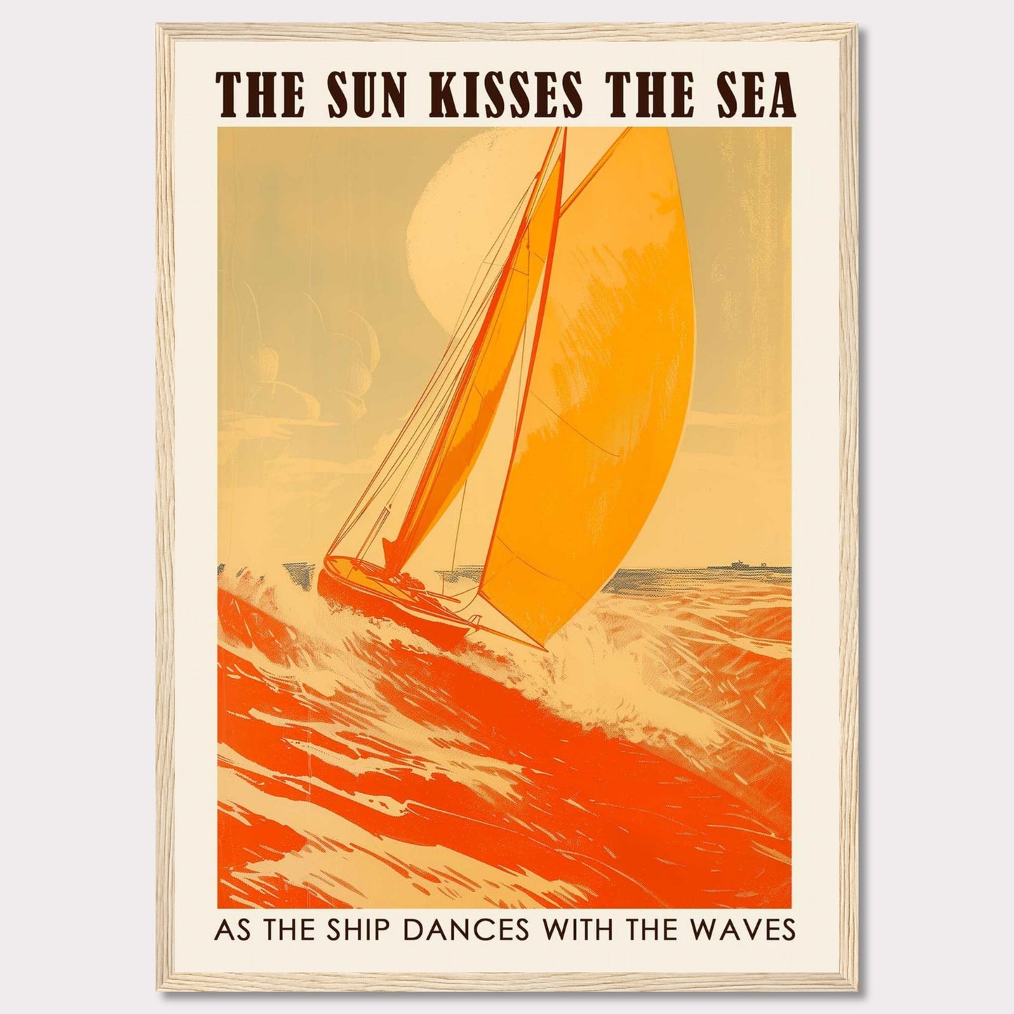 This vibrant poster captures the essence of sailing with a bright orange sailboat cutting through the waves under a warm sun. The bold text reads, "THE SUN KISSES THE SEA" and "AS THE SHIP DANCES WITH THE WAVES," evoking a sense of adventure and freedom.