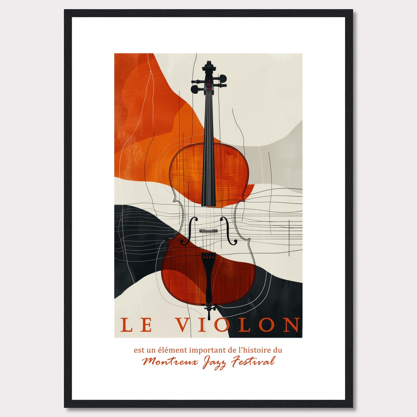 This image features a beautifully designed poster highlighting the importance of the violin in the history of the Montreux Jazz Festival. The central focus is a vibrant, artistic depiction of a violin set against an abstract background of orange, black, and beige shapes.