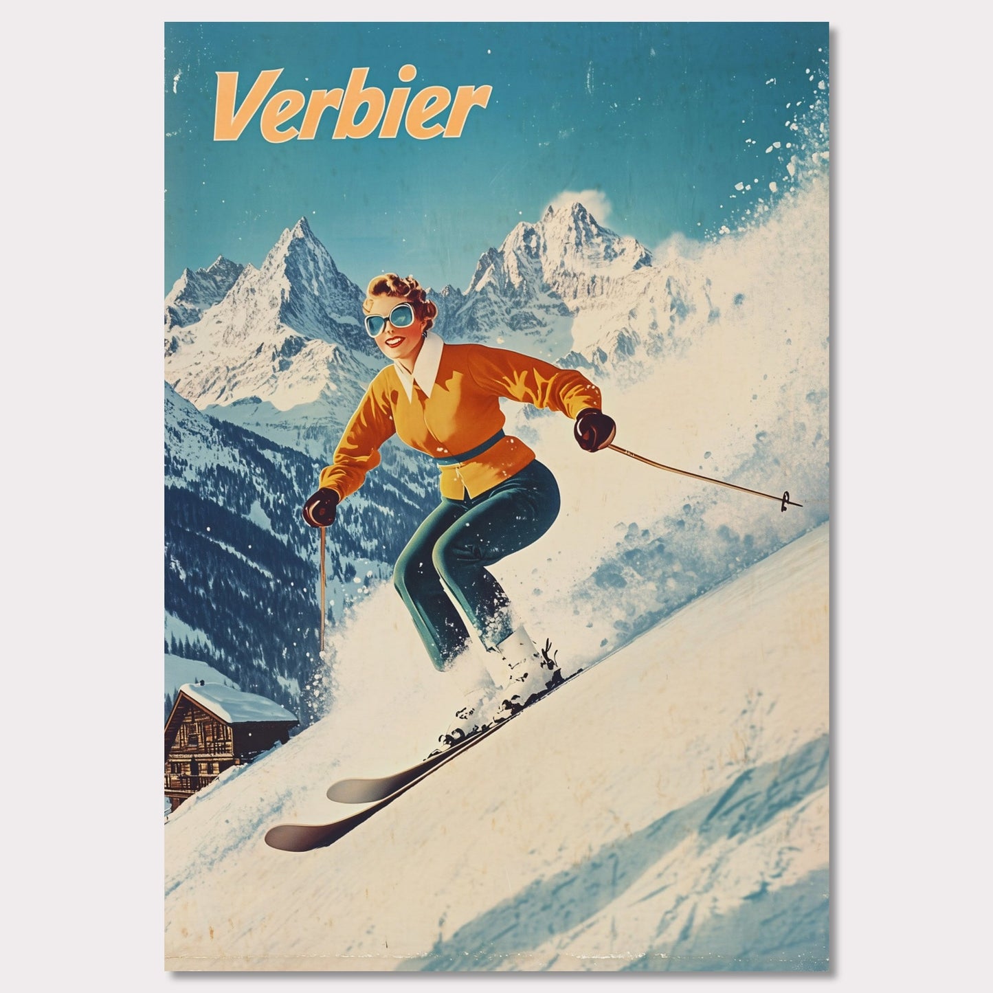 This vibrant retro poster captures the thrilling energy of skiing in Verbier, featuring a skier in a bright orange jacket racing down the slopes. The bright, clear sky contrasts beautifully with the snow-covered terrain and rugged mountain backdrop. The skier’s joyful expression, paired with the iconic Verbier mountains, evokes the excitement and adventure of alpine skiing. The vintage art style adds a timeless touch, bringing out the spirit of winter sports.