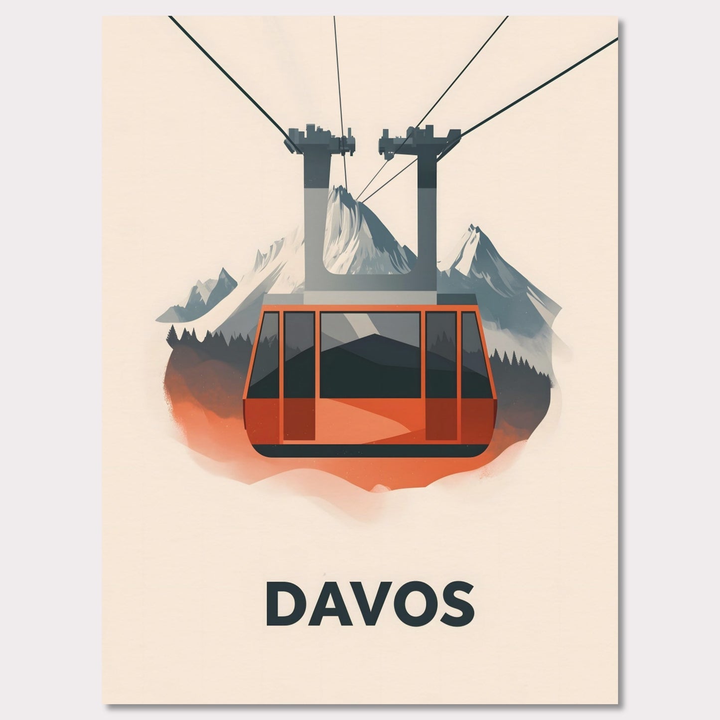 This striking travel poster showcases Davos, a world-renowned alpine destination, in a sleek and minimalist style. The stylized mountain peaks and crisp, modern aesthetic reflect the resort’s prestige as a hub for winter sports and elite gatherings. The cool tones and refined composition create a sense of sophistication and adventure.