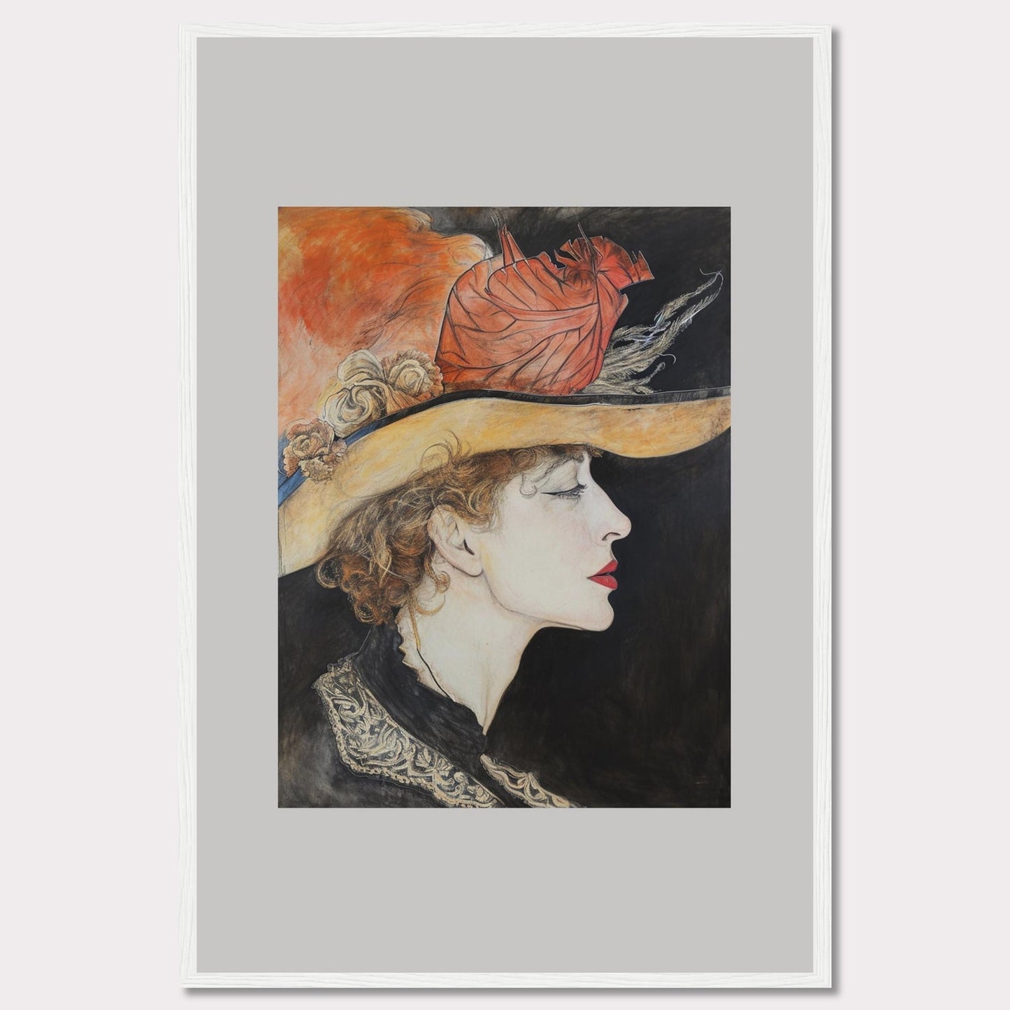 This captivating artwork features a side profile of a woman wearing an elegant hat adorned with feathers and flowers. The detailed illustration showcases her serene expression, accentuated by bold red lips and delicate curls framing her face. The background contrasts beautifully with the vibrant colors of the hat, adding depth to the portrait.