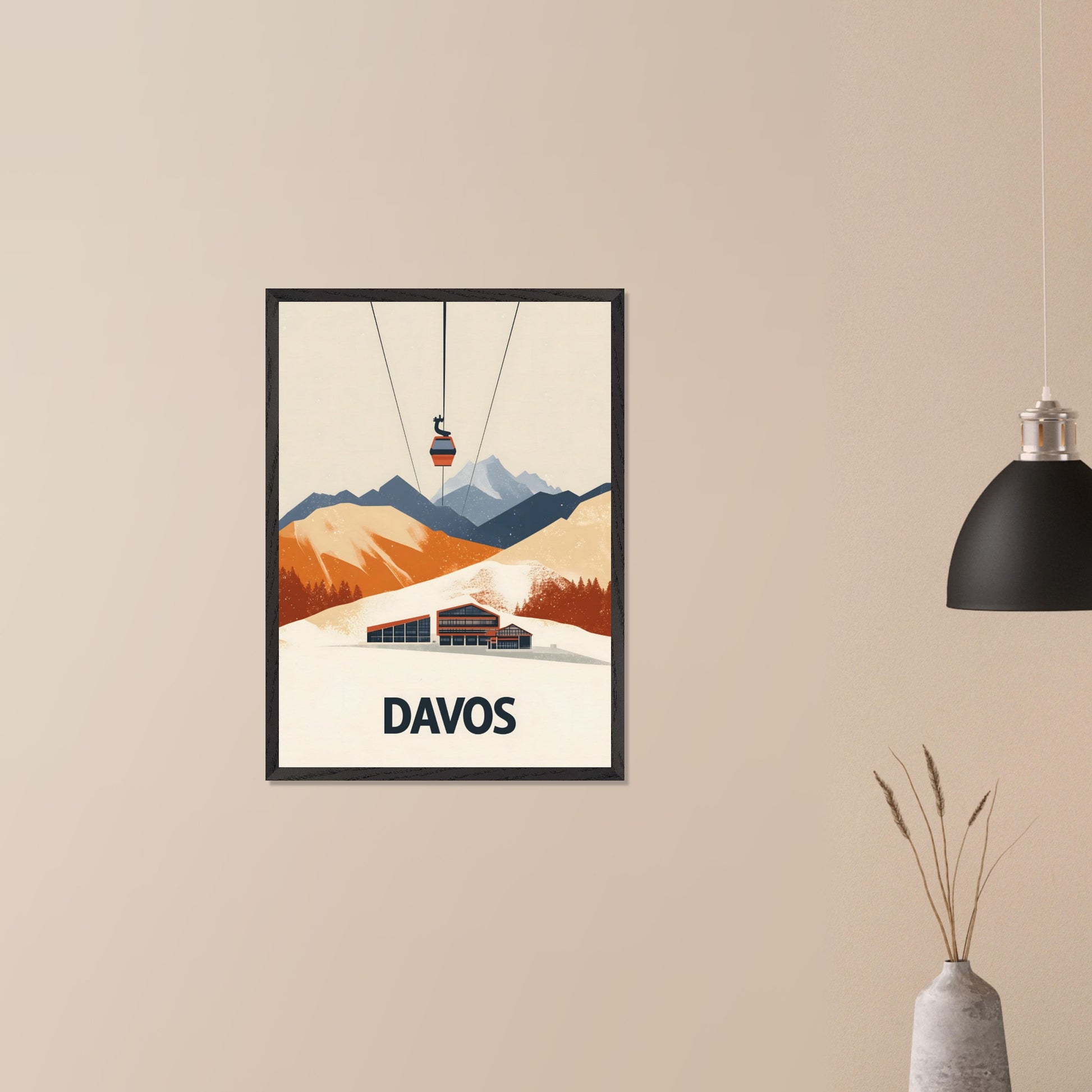 A stunning visual of a winter resort in Davos, nestled among snow-covered mountains. A cable car ascends above, symbolizing the excitement of skiing and high-altitude adventures.