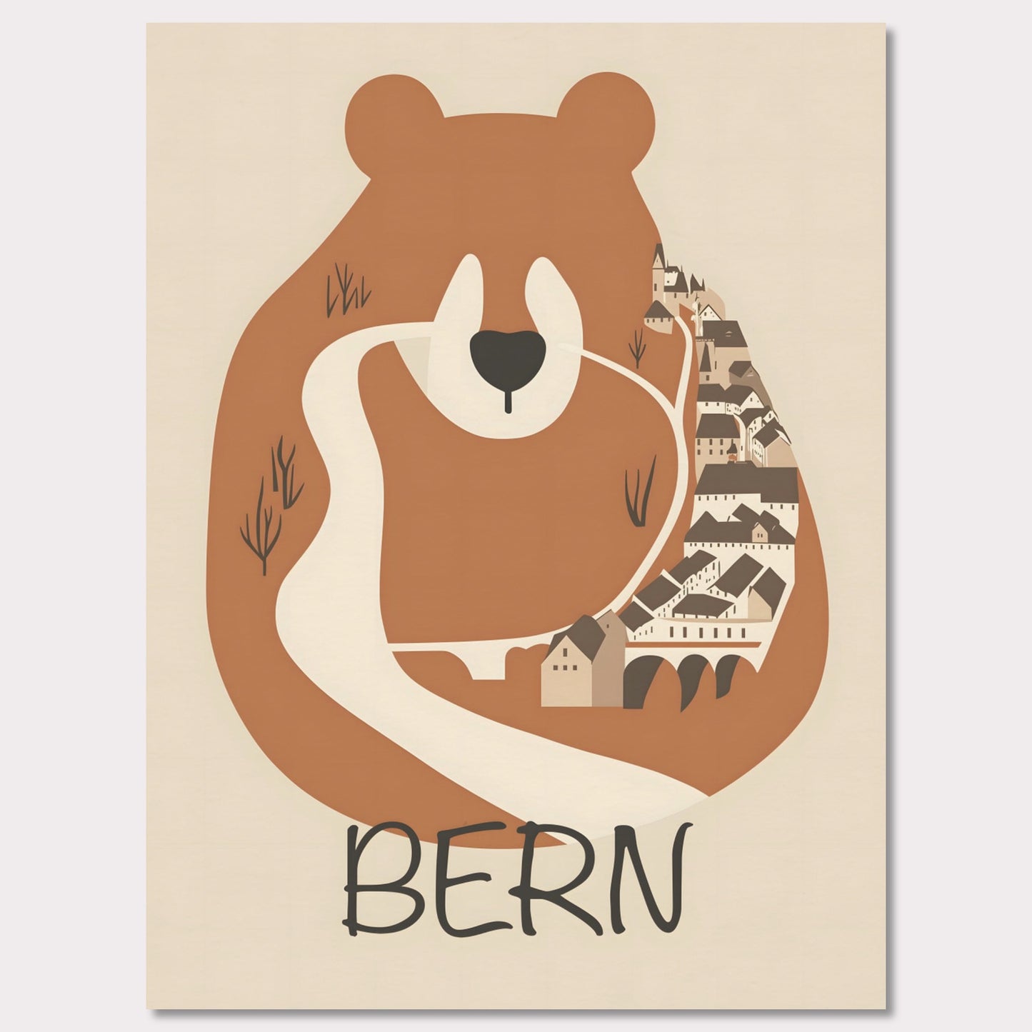 This charming poster features a stylized depiction of Bern, Switzerland, where the iconic bear—symbol of the city—seamlessly merges with the winding streets and historic architecture. The earthy tones and minimalist design evoke a sense of warmth and tradition, reflecting the city's rich history and natural surroundings.