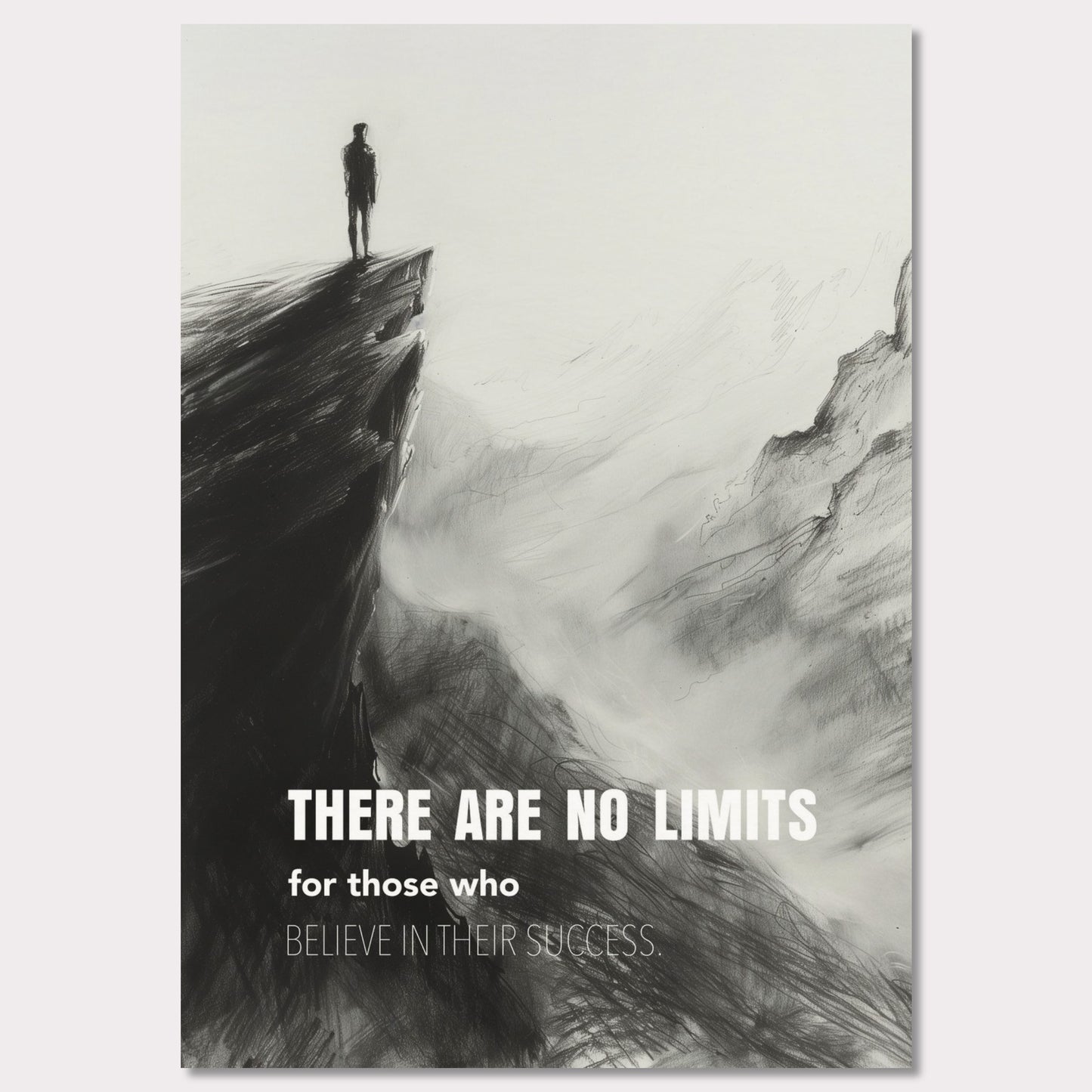 This image depicts a person standing at the edge of a cliff, looking out over a vast, foggy landscape. The scene is rendered in black and white, giving it a dramatic and contemplative feel. The text on the image reads: "There are no limits for those who believe in their success."