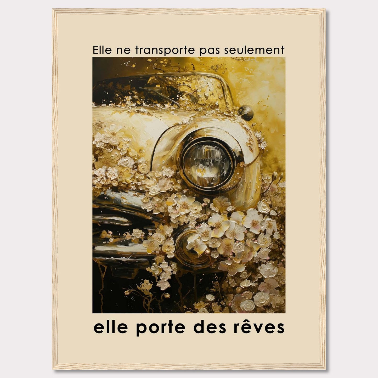 This image features a vintage car adorned with an abundance of delicate flowers, creating a dreamy and nostalgic atmosphere. The text above the image reads "Elle ne transporte pas seulement," and below it says "elle porte des rêves," translating to "It doesn't just transport, it carries dreams."