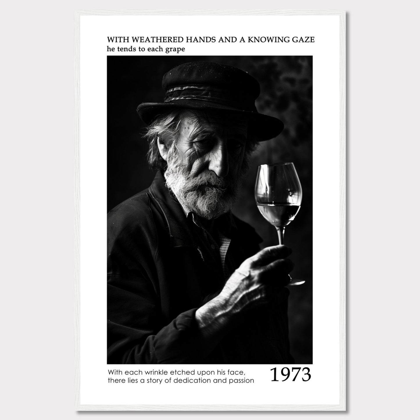 This evocative black-and-white photograph captures an elderly man with a weathered face, holding a glass of wine. His thoughtful gaze and the detailed wrinkles on his face tell a story of dedication and passion. The text accompanying the image reads: "With weathered hands and a knowing gaze he tends to each grape. With each wrinkle etched upon his face, there lies a story of dedication and passion." The year 1973 is prominently displayed.