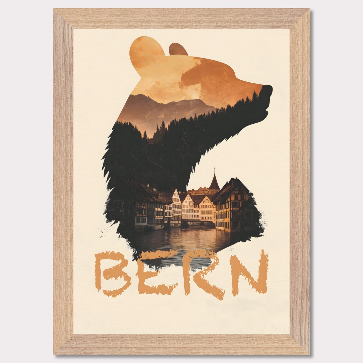 A captivating travel poster that merges Bern’s iconic bear symbol with the city’s historic charm. The silhouette of the bear contains a stunning landscape of alpine forests and traditional Swiss architecture, reflecting the city's rich heritage.