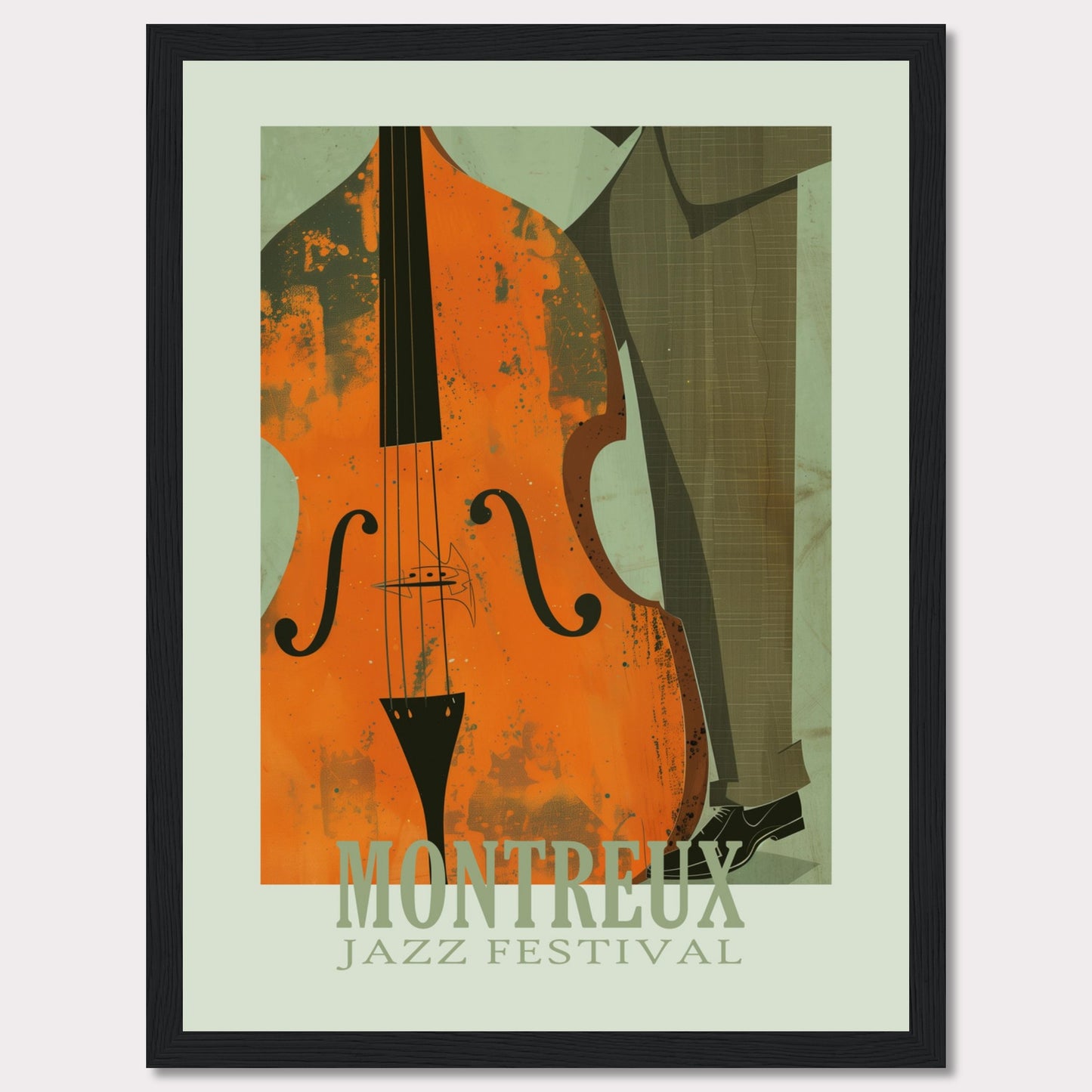 This image is a poster for the Montreux Jazz Festival. It features an abstract illustration of a double bass and a person in a suit.