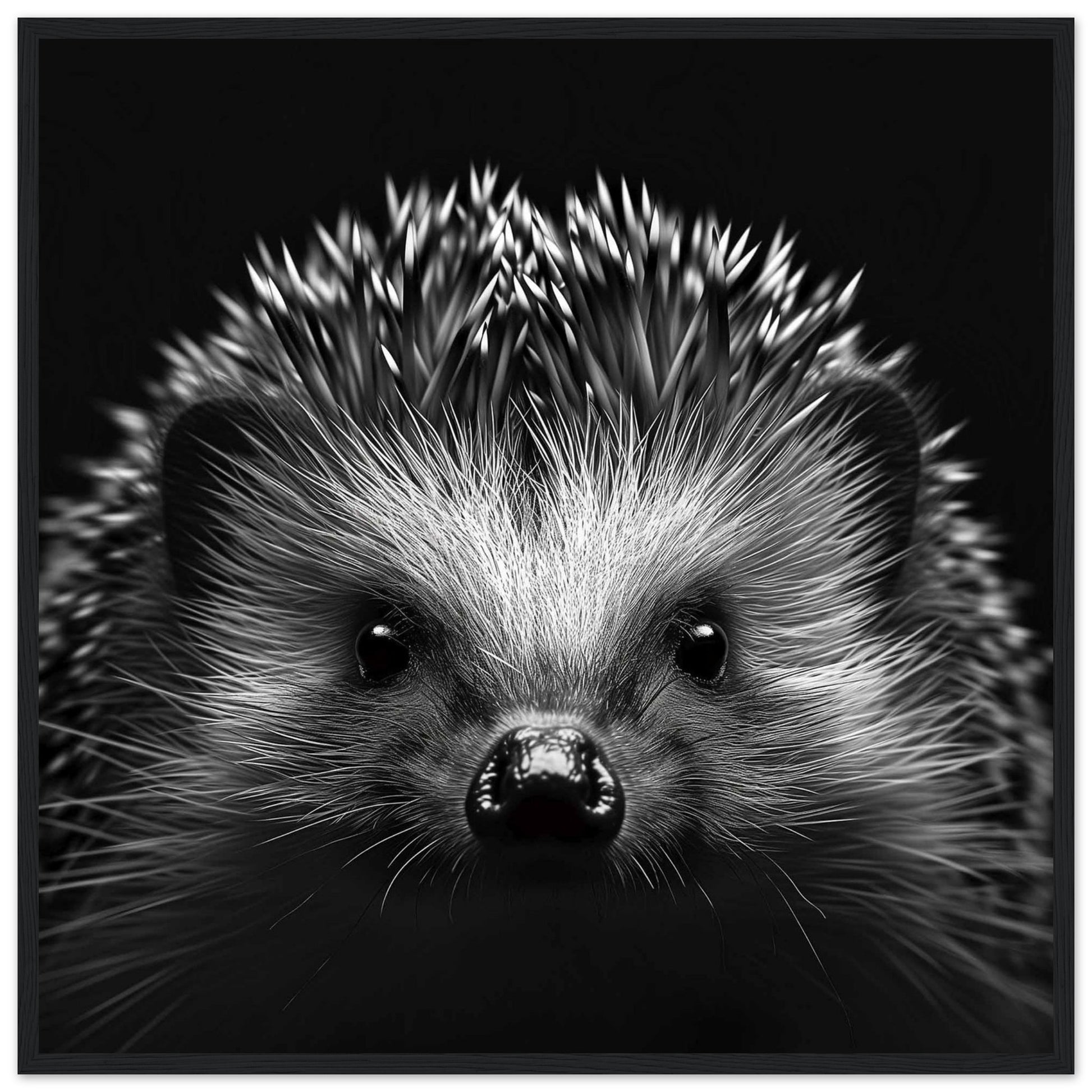 This captivating black and white photograph showcases the adorable face of a hedgehog, with its quills prominently displayed. The close-up shot emphasizes the intricate details of its fur and the curious expression in its eyes.