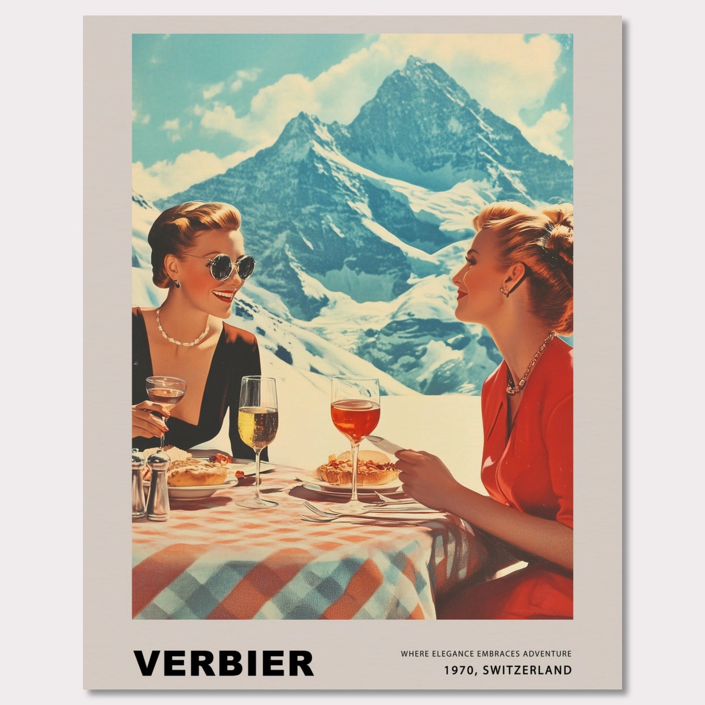 This glamorous poster showcases the refined charm of Verbier, featuring two elegantly dressed women enjoying an alfresco meal with breathtaking alpine peaks as their backdrop. The scene embodies a perfect blend of sophistication and adventure, inviting viewers to savor the unique allure of this Swiss ski destination.