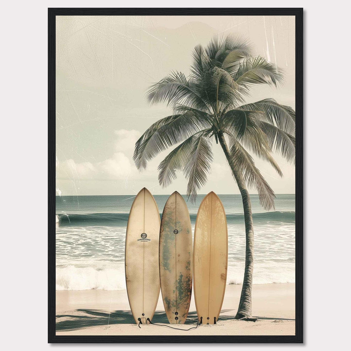 This captivating image features a serene beach scene with three surfboards leaning against a tall, swaying palm tree. The tranquil ocean waves and a clear sky in the background evoke a sense of calm and adventure.