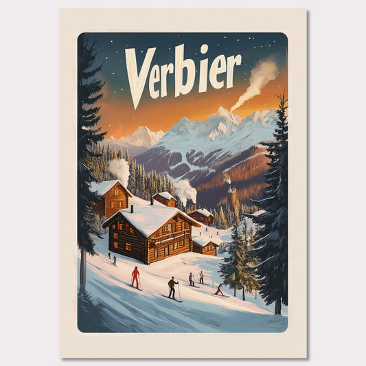 This captivating poster encapsulates the serene beauty of Verbier, with its snow-covered chalets nestled against a backdrop of fiery alpine sunsets. The scene showcases the perfect blend of adventure and tranquility, featuring skiers gliding down gentle slopes surrounded by towering pine trees and a distant view of a majestic mountain range. The soft, glowing hues of the evening sky bring warmth to this winter wonderland.