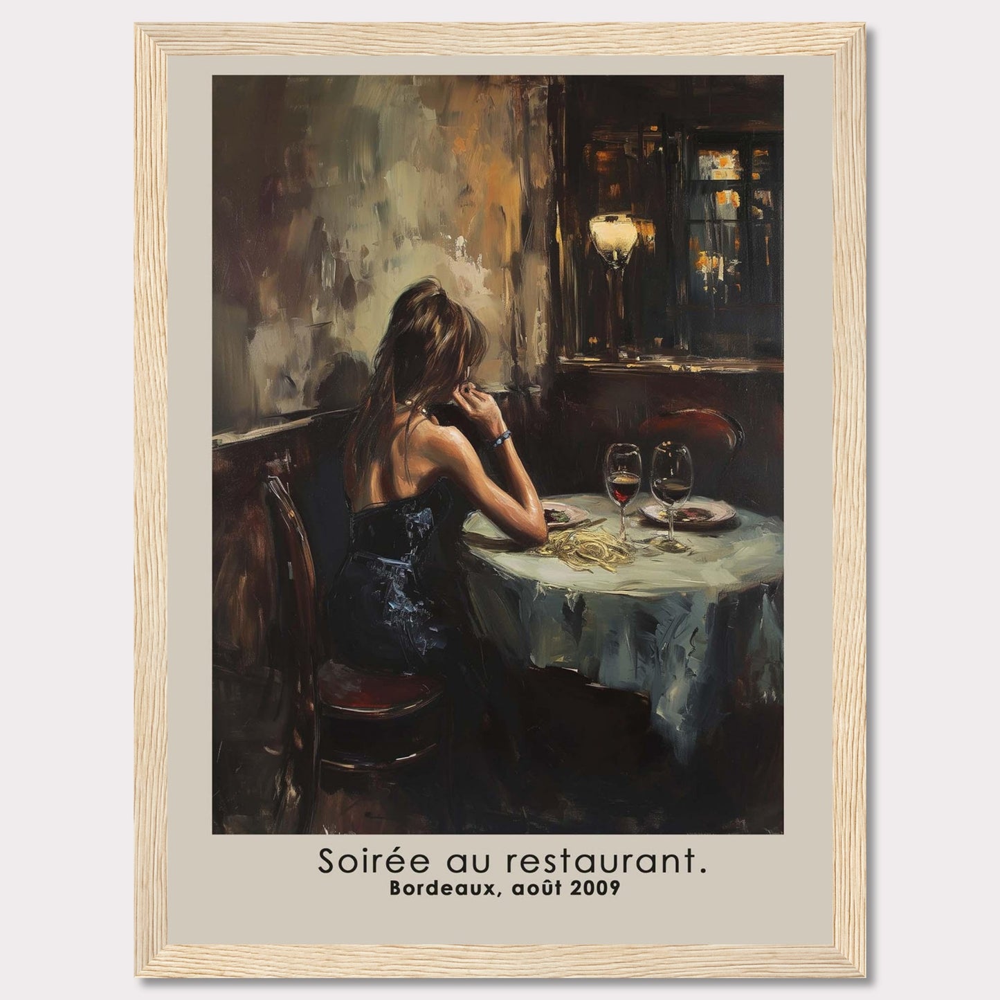 This evocative artwork captures a solitary moment in a restaurant, depicting a woman in an elegant black dress seated at a table adorned with wine glasses and a half-eaten meal. The dim, warm lighting and the reflective mood of the scene create a sense of introspection and nostalgia.