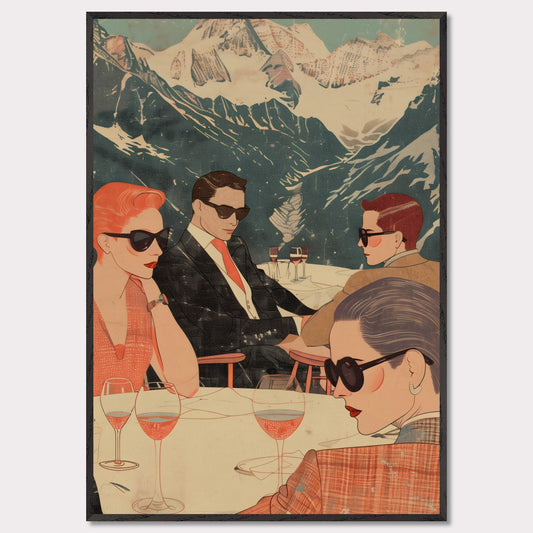 This captivating illustration depicts a stylish group of individuals enjoying a sophisticated gathering with a stunning mountain backdrop.